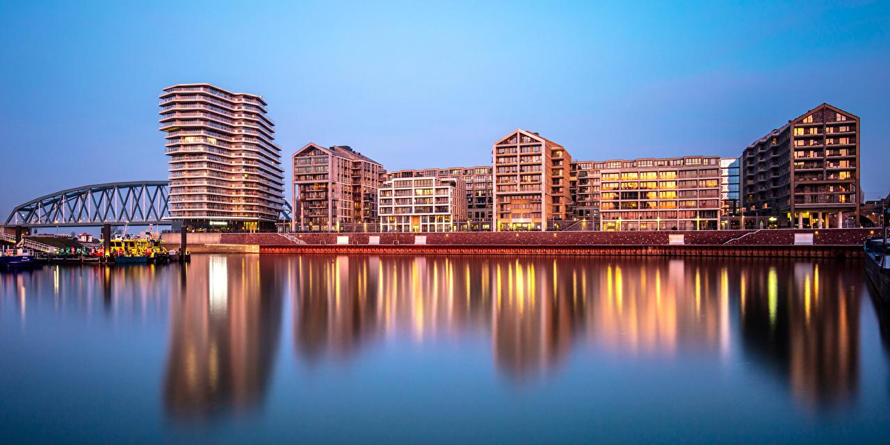 1280x640 Desktop Wallpaper Helsinki Finland bridge river Evening Cities