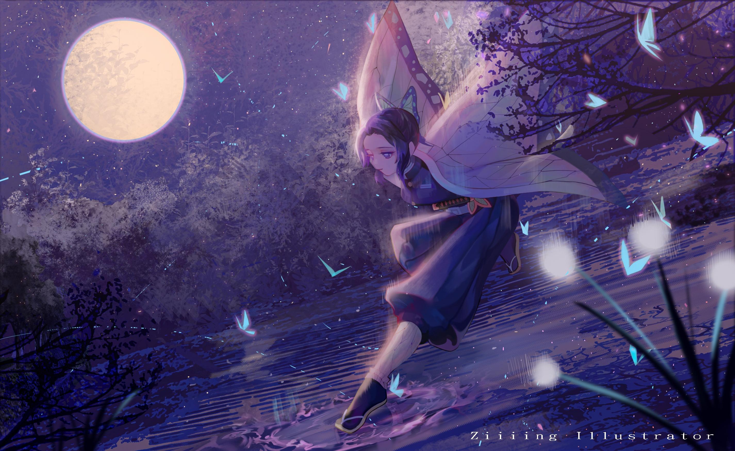 2851x1750 Download 2851x1750 Demon Slayer, Kochou Shinobu, Moonlight, Butterflies, Kimetsu No Yaiba Wallpaper