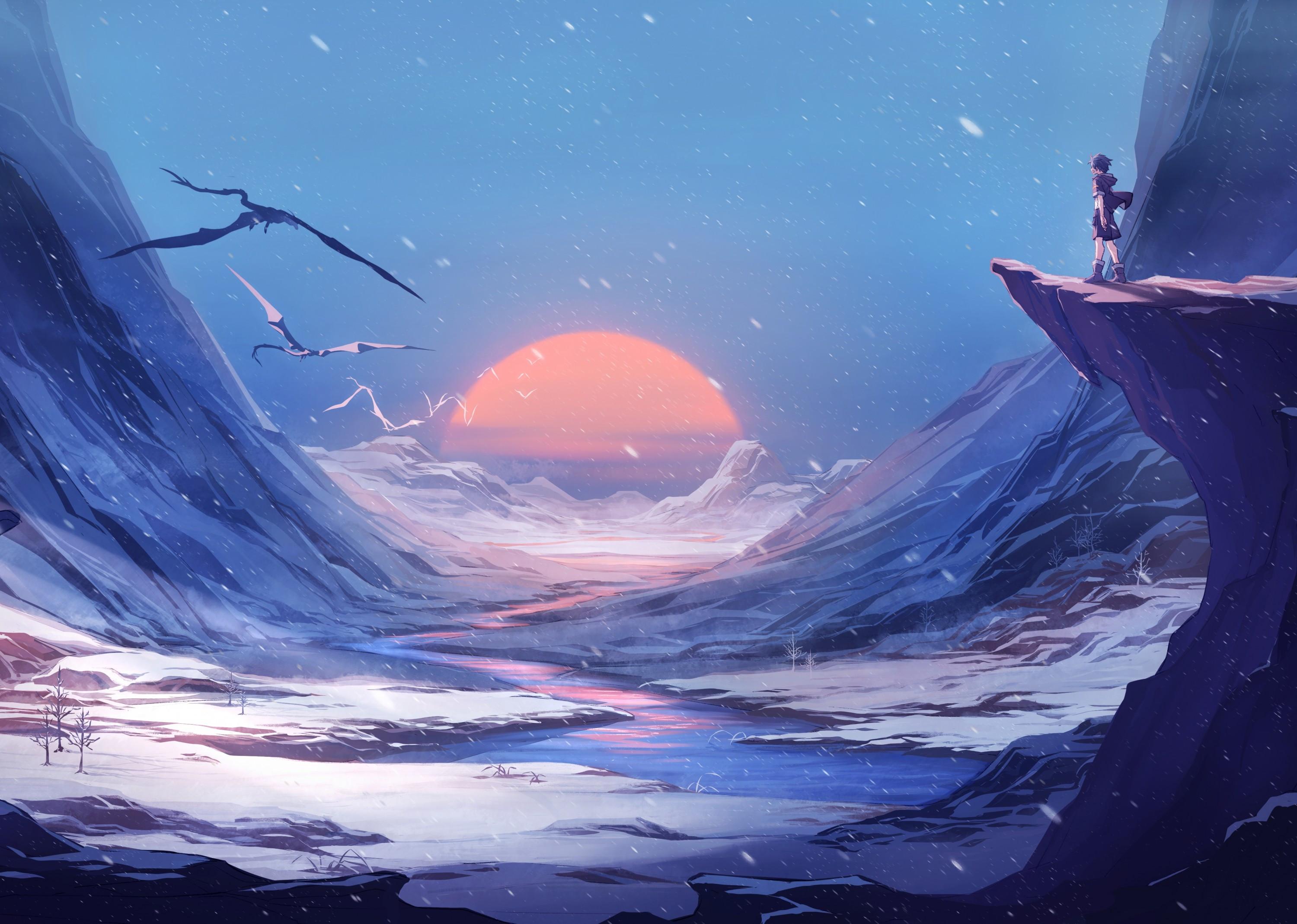 3000x2138 Download 3000x2138 Anime Boy, Fantasy World, Landscape, Scenic, Cliff, Snow, Winter Wallpaper