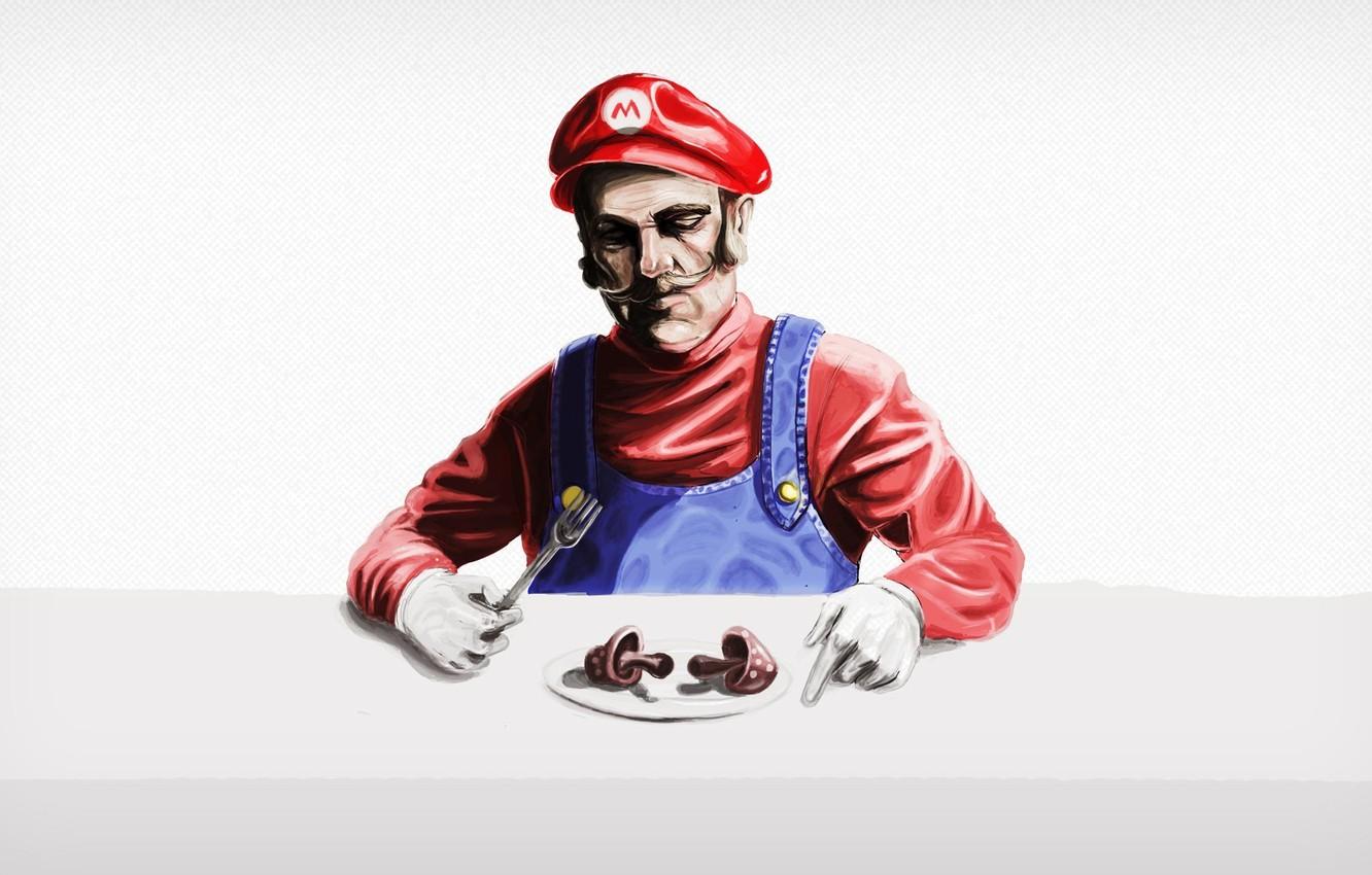 1332x850 Wallpaper red, nintendo, game, super, mario, mushroom, fork, eating image for desktop, section стиль