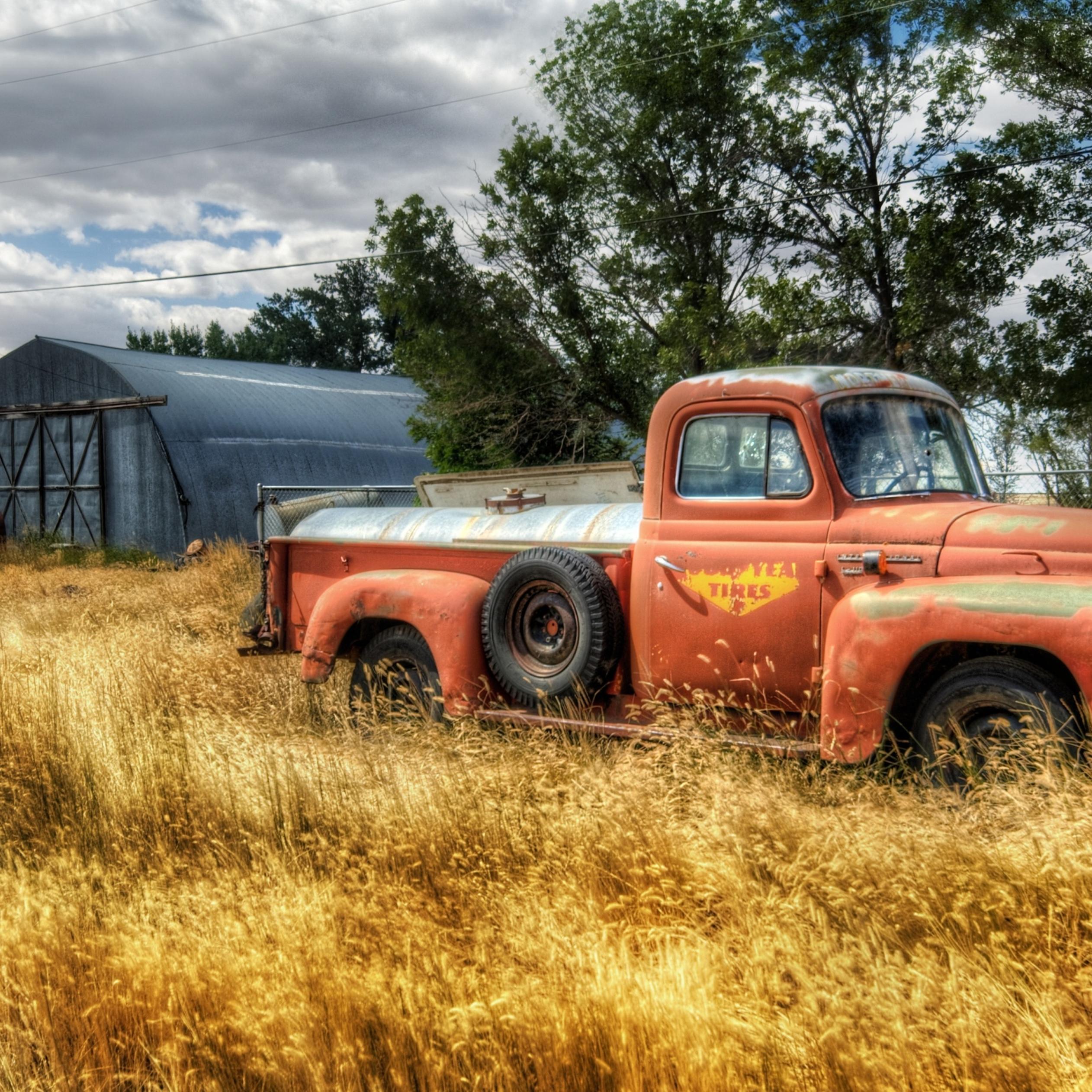 2524x2524 Old red truck in the wheat field