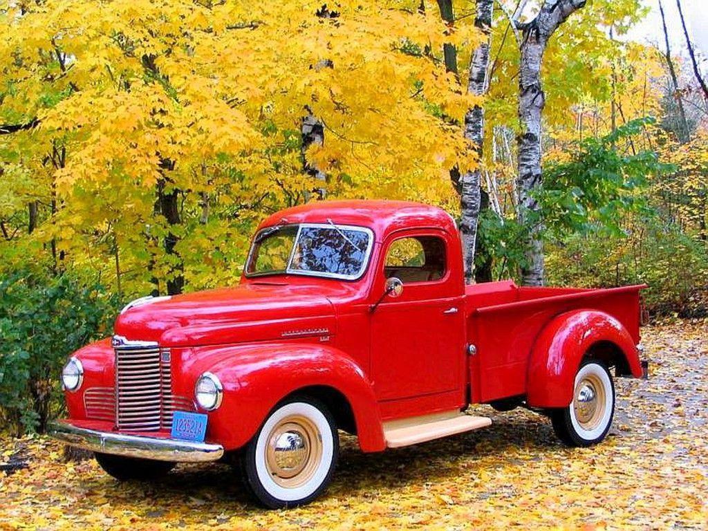 1024x768 Autumn Red Truck Wallpaper