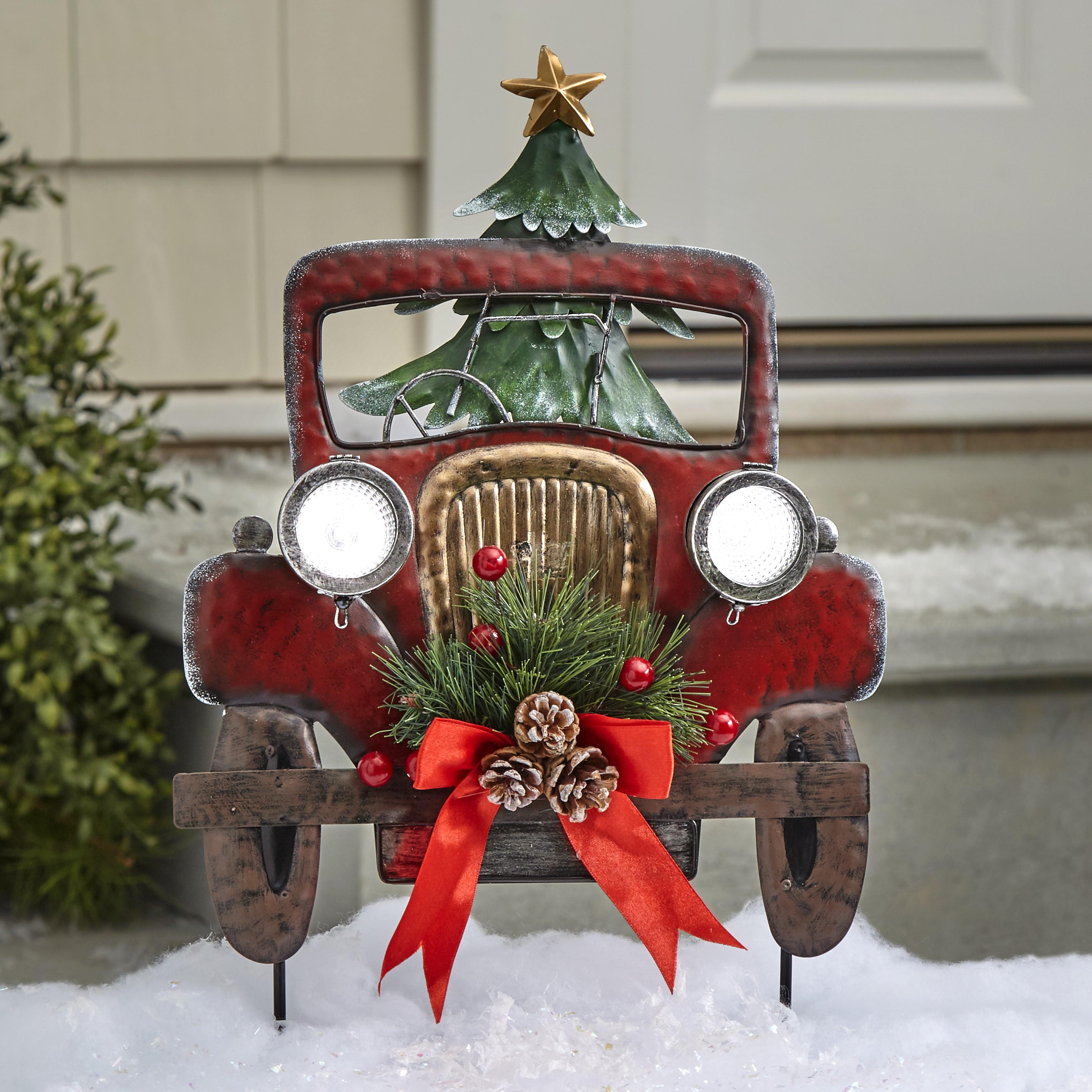 3421x3421 Vintage Truck Christmas Garden Stake with Solar Lights, Faux Tree and