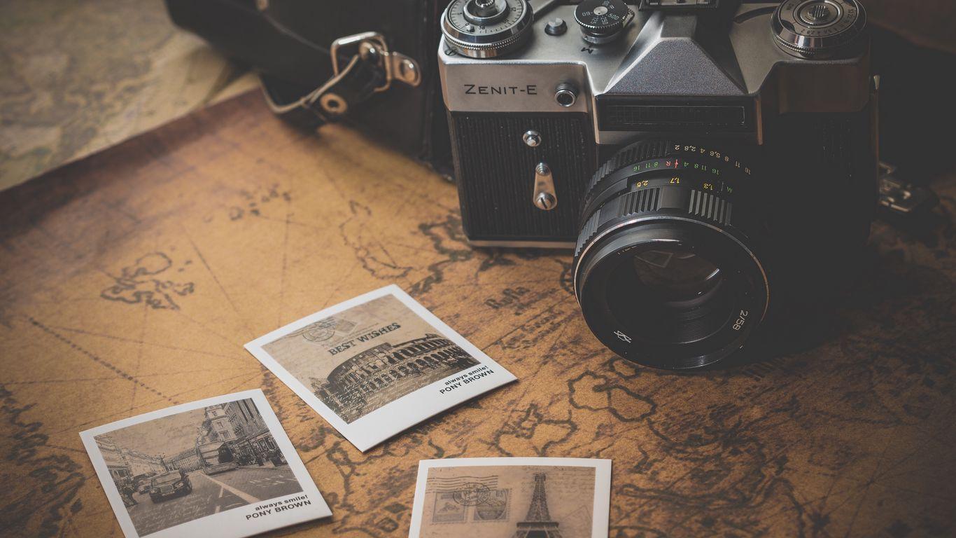 1366x768 Download wallpaper 1366x768 vintage, retro, camera, map, photo, travel tablet, laptop HD background