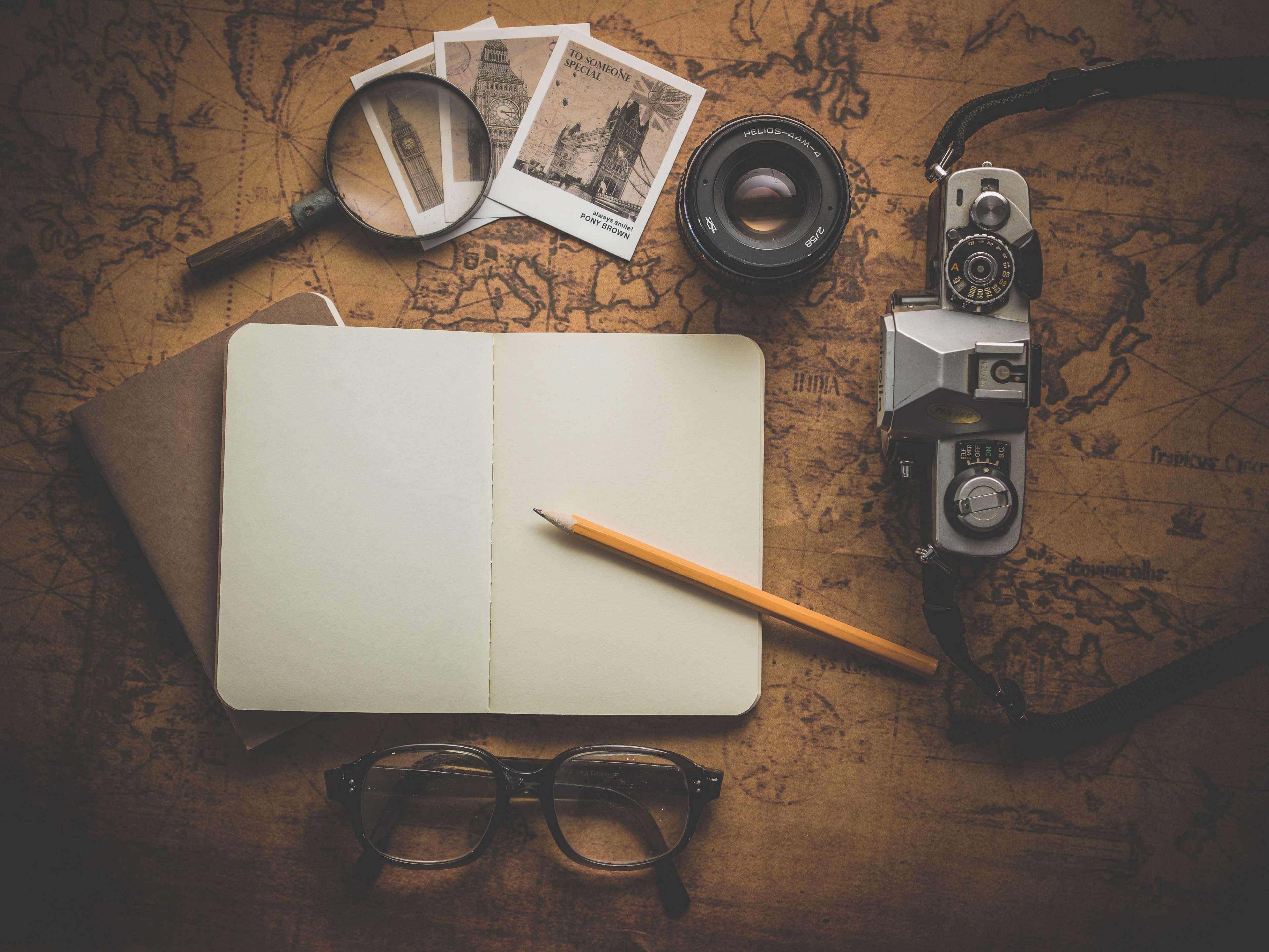 3840x2880 camera, eyeglasses, eyewear, lens, magnifying glass, map, notebook, paper, photo, travel, trip 4k wallpaper
