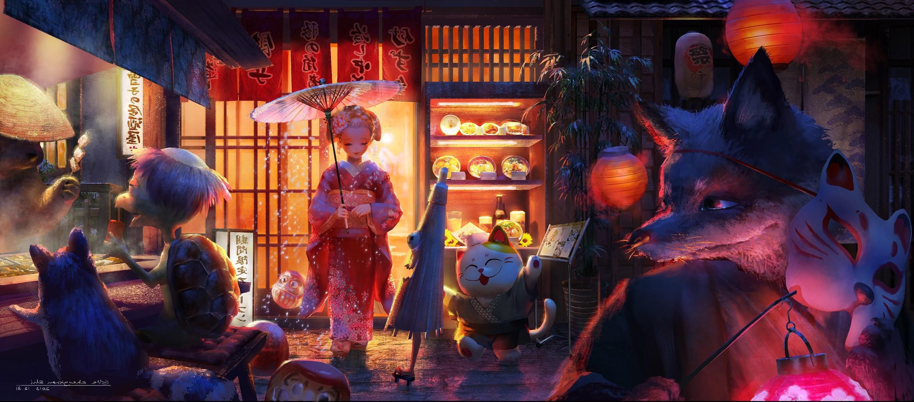 3000x1320 original Characters, Animals, Mask, Kimono, Umbrella, Lantern, Food, Fox, Turtle Wallpaper HD / Desktop and Mobile Background