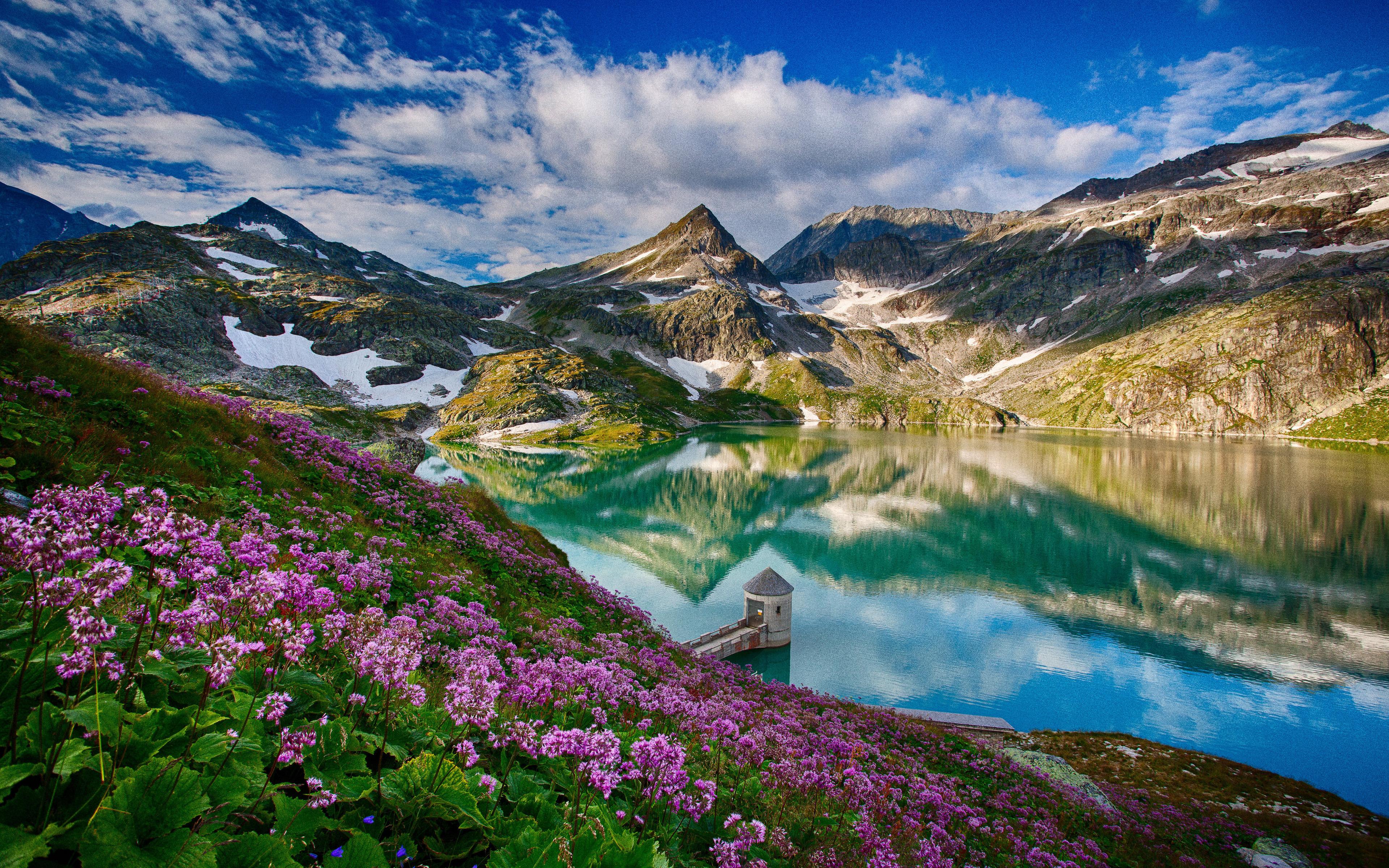 3840x2400 Download wallpaper Austria, 4k, blue lake, Alps, mountains, summer, beautiful nature, Europe for desktop with resolution 3840x2400. High Quality HD picture wallpaper