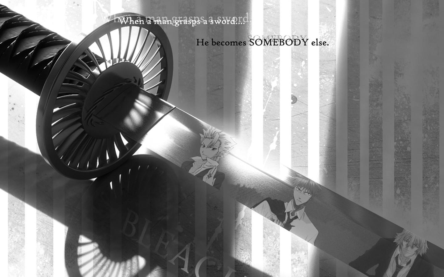 1440x900 text, Bleach, Kurosaki Ichigo, quotes, Urahara Kisuke, grayscale, Hitsugaya Toshiro, zanpakuto, swords wallpaper