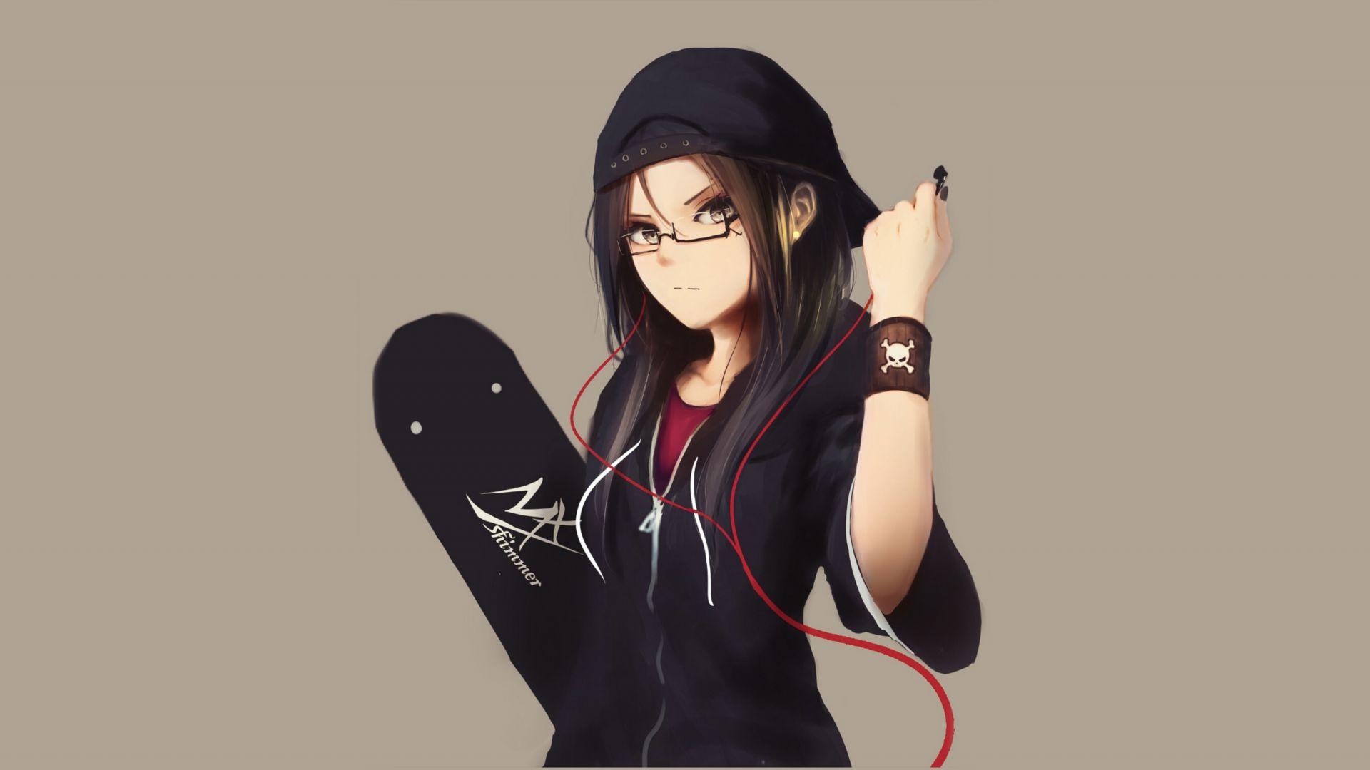 1920x1080 Desktop wallpaper anime girl with skate board, urban, art, HD image, picture, background, 38560d