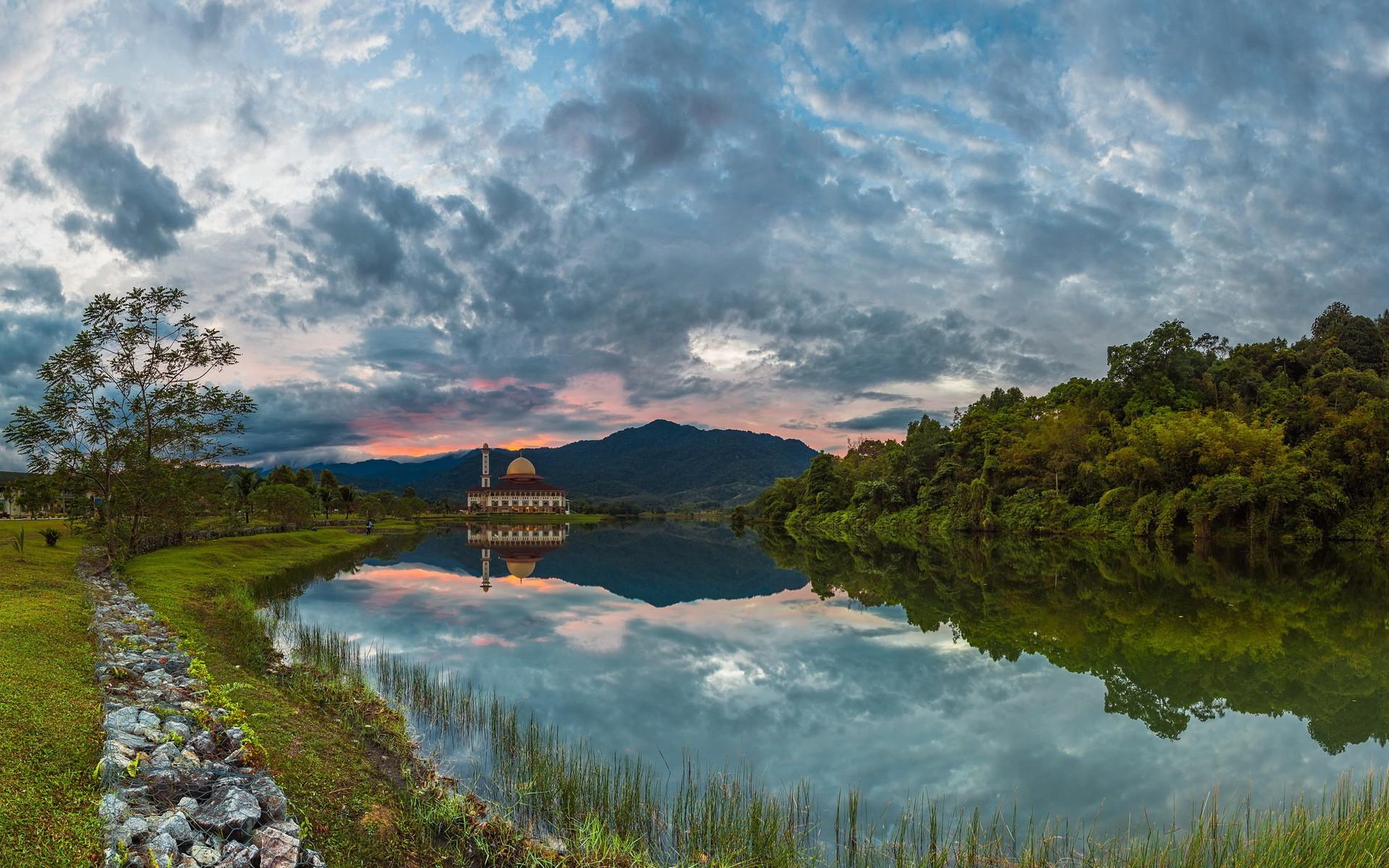 1920x1200 nature, Landscape, Water, Clouds, Malaysia, River, Trees, Forest, Rock, Sunset, Building, Hill, Reflection Wallpaper HD / Desktop and Mobile Background