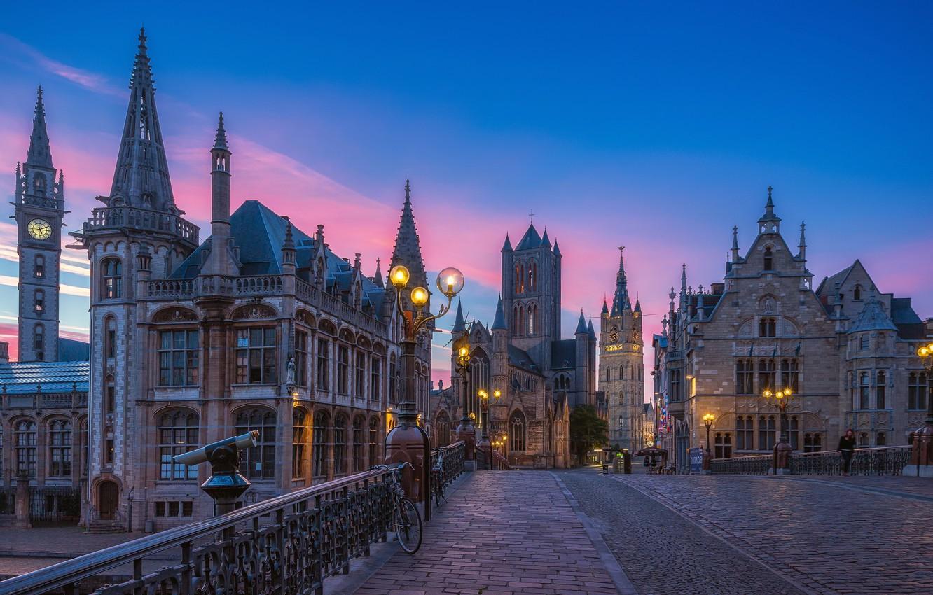 1332x850 Wallpaper the sky, sunset, street, lights, Belgium, evening, street, houses, Belgium, Ghent image for desktop, section город
