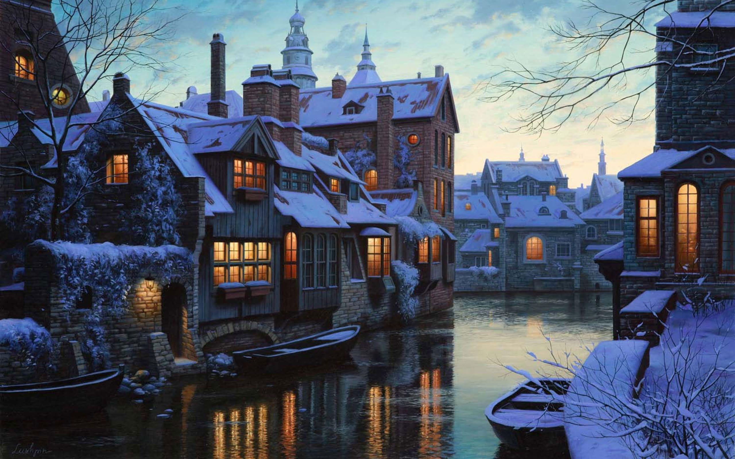 2560x1600 house and river painting #winter #snow #lights #river #home #boats #Belgium #twilight #painting #twilight #ri. River painting, Time painting, 4k wallpaper for pc