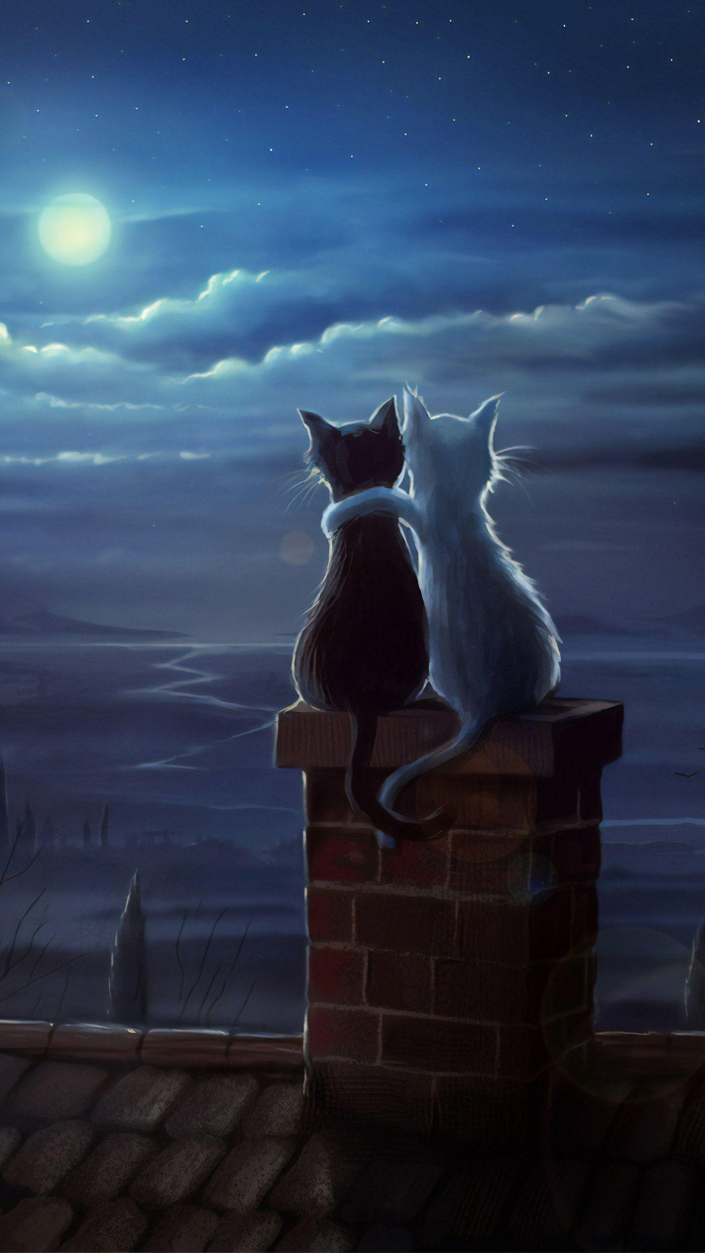 1440x2560 Two Cats on A Roof, HD Artist Wallpaper Photo and Picture. Cat art, Cat painting, Cats illustration