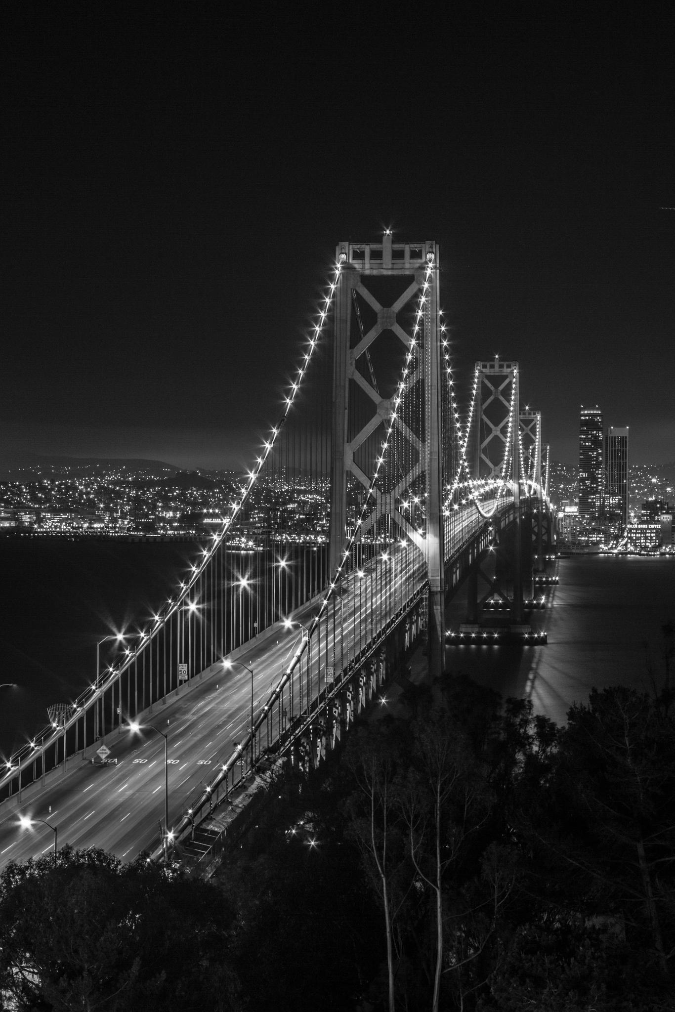 1366x2048 Bay Bridge at Night. Black aesthetic wallpaper, Black and white picture wall, Black and white photo wall