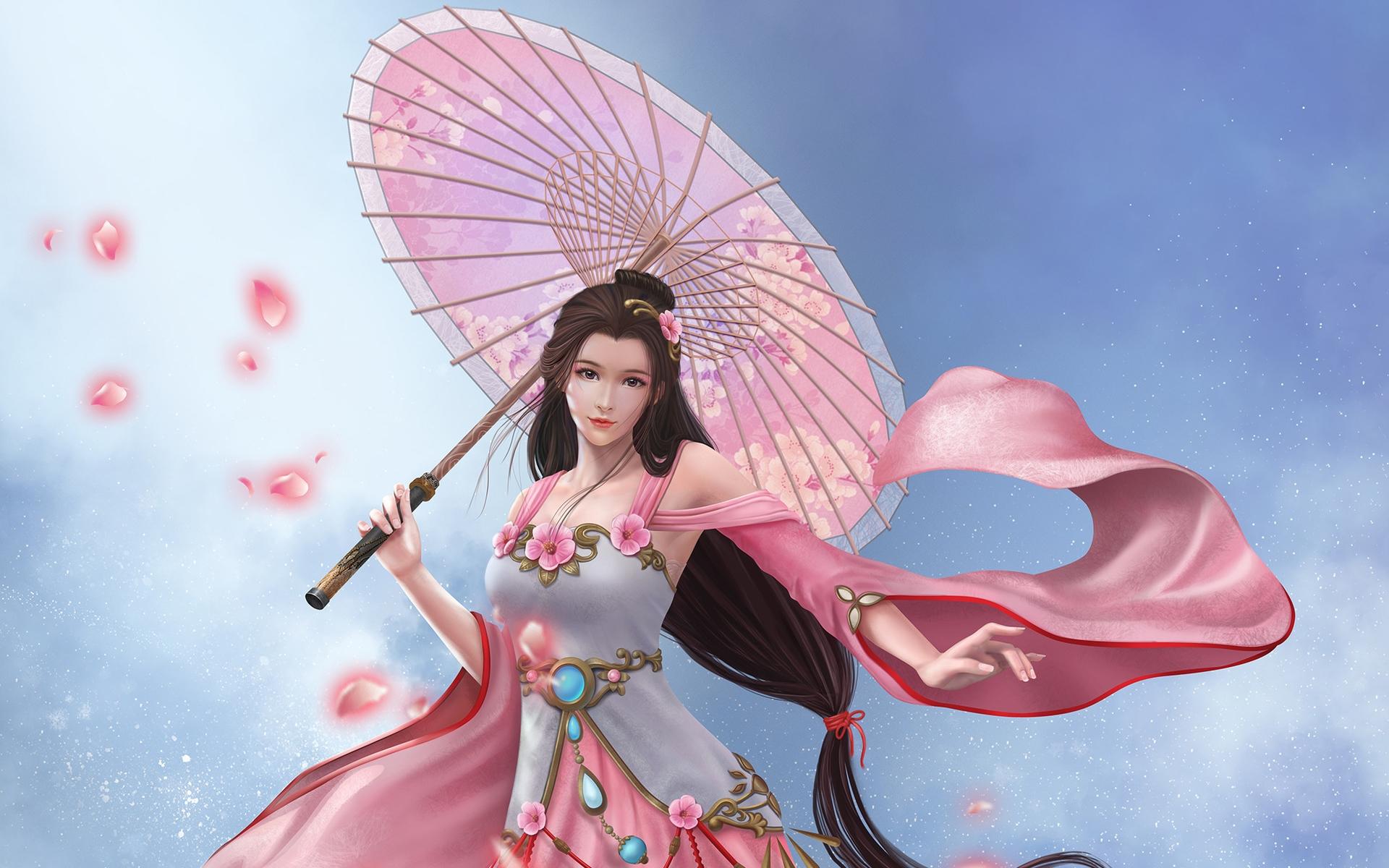 1920x1200 luminos, girl, lunamoom, umbrella, pink, parasol, frumusete, fantasy, petals, blue