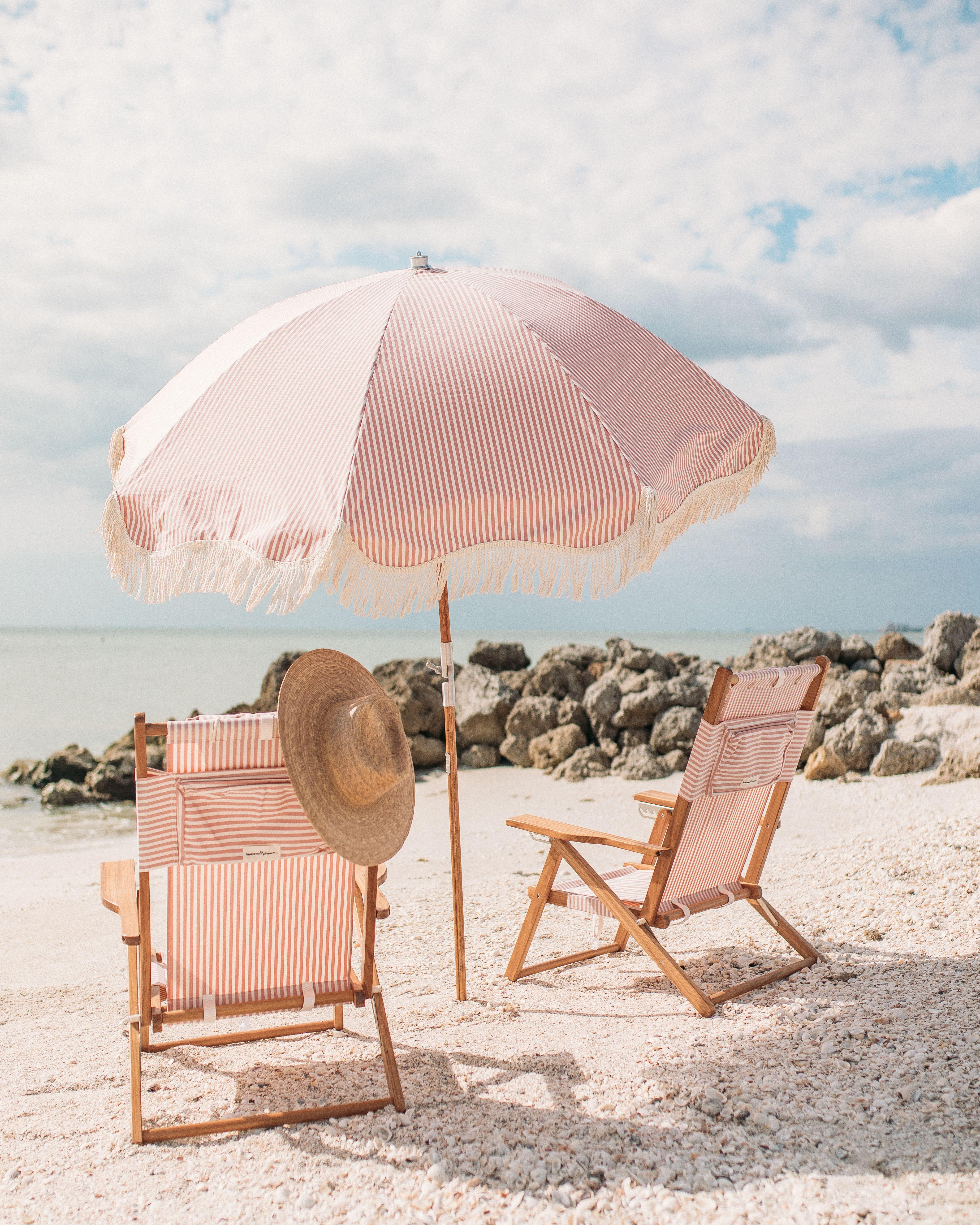 4147x5184 Pink Stripe Premium Fringed Vintage Umbrella & Wooden Beach Chairs. Beach wall collage, Wall collage, Art collage wall
