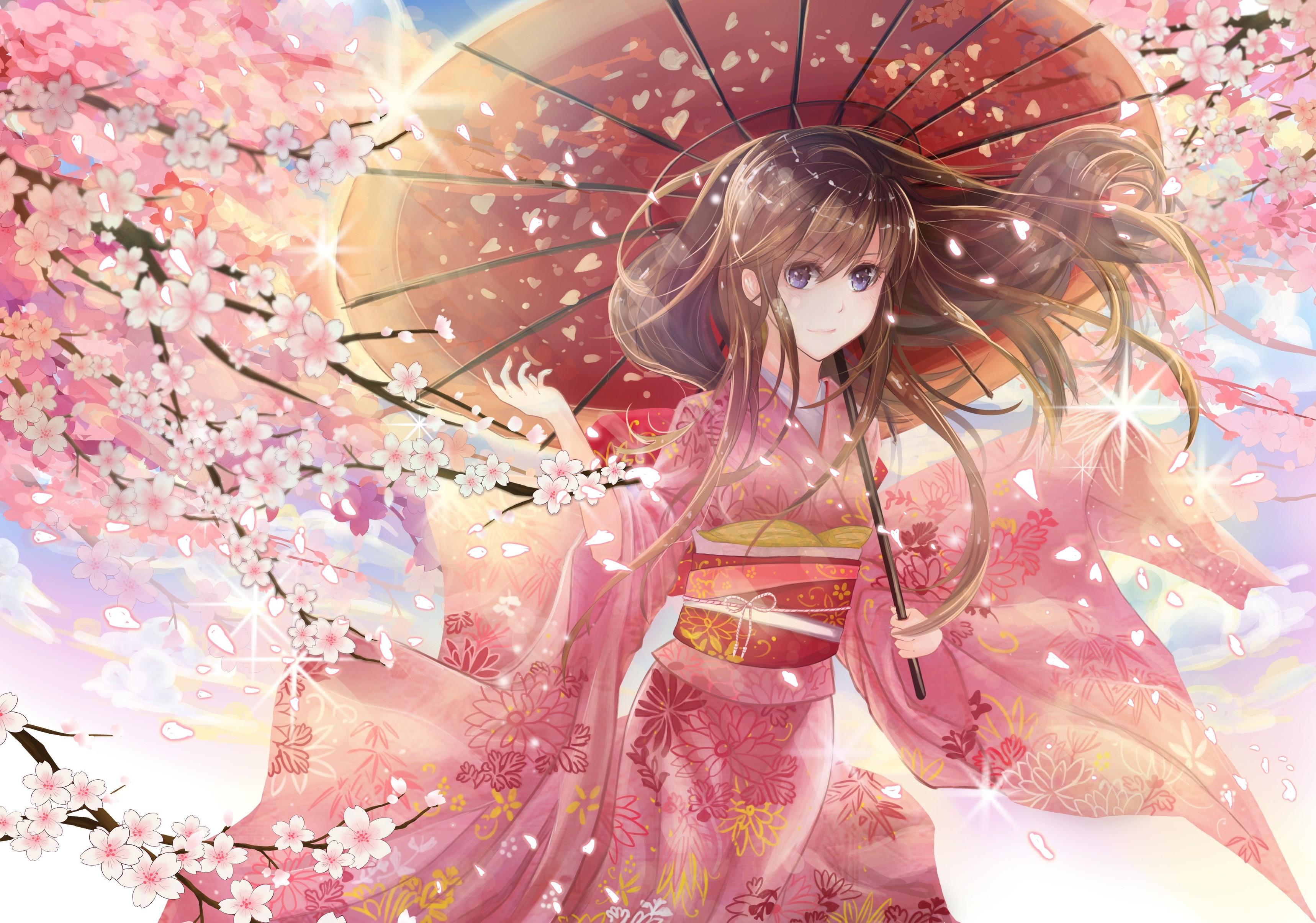 3436x2409 umbrella, Kimono, Original Characters, Pink, Cherry Blossom, Japanese Clothes Wallpaper HD / Desktop and Mobile Background