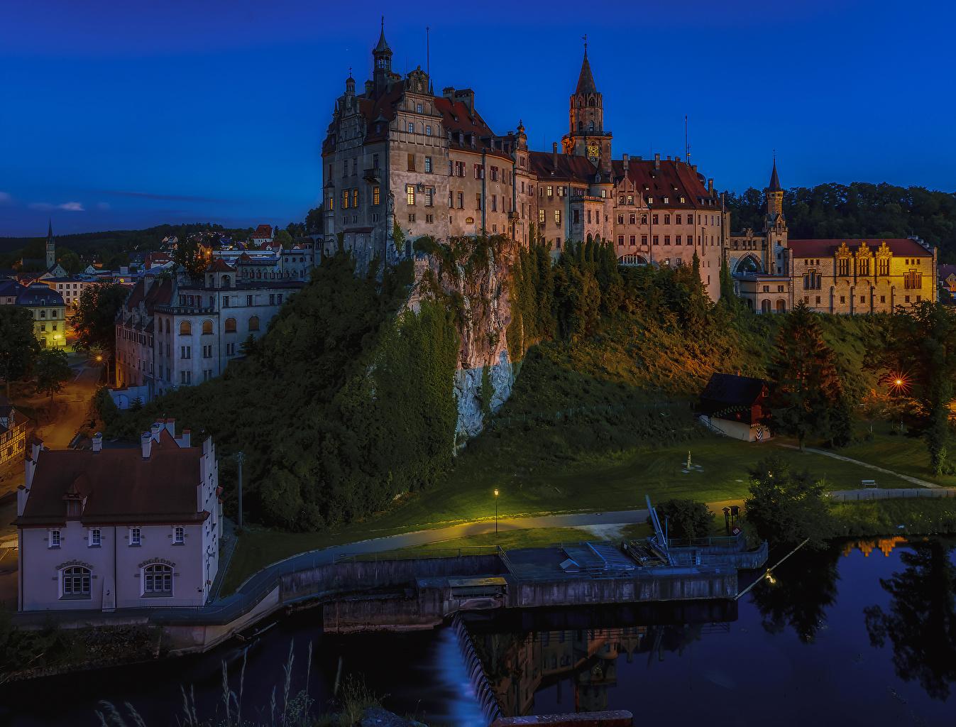 1347x1024 Wallpaper Germany Hohenzollern Castle Cliff Castles river night time