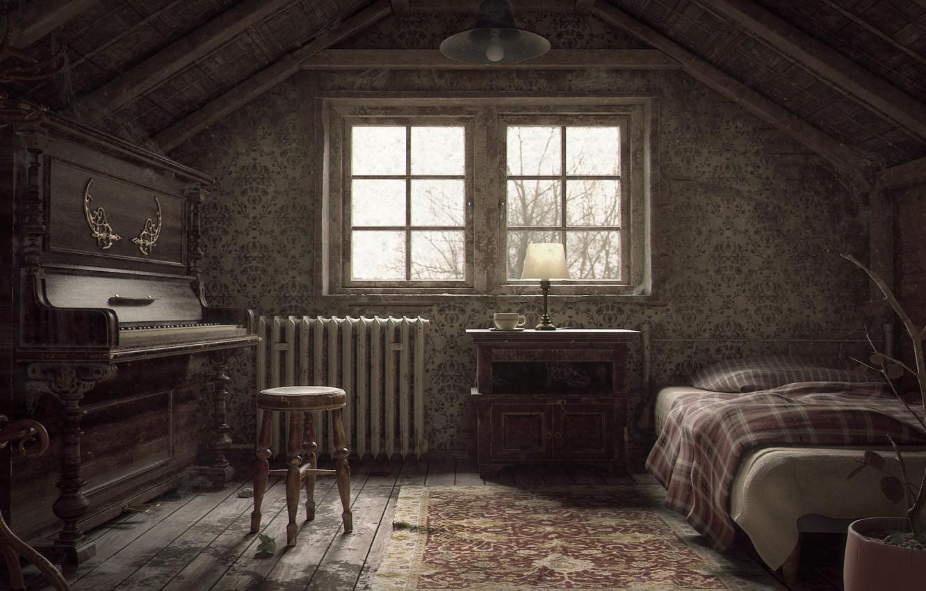 1332x850 Wallpaper art, piano, attic, Vitaliy Koshevyy, An abandoned Attic image for desktop, section рендеринг