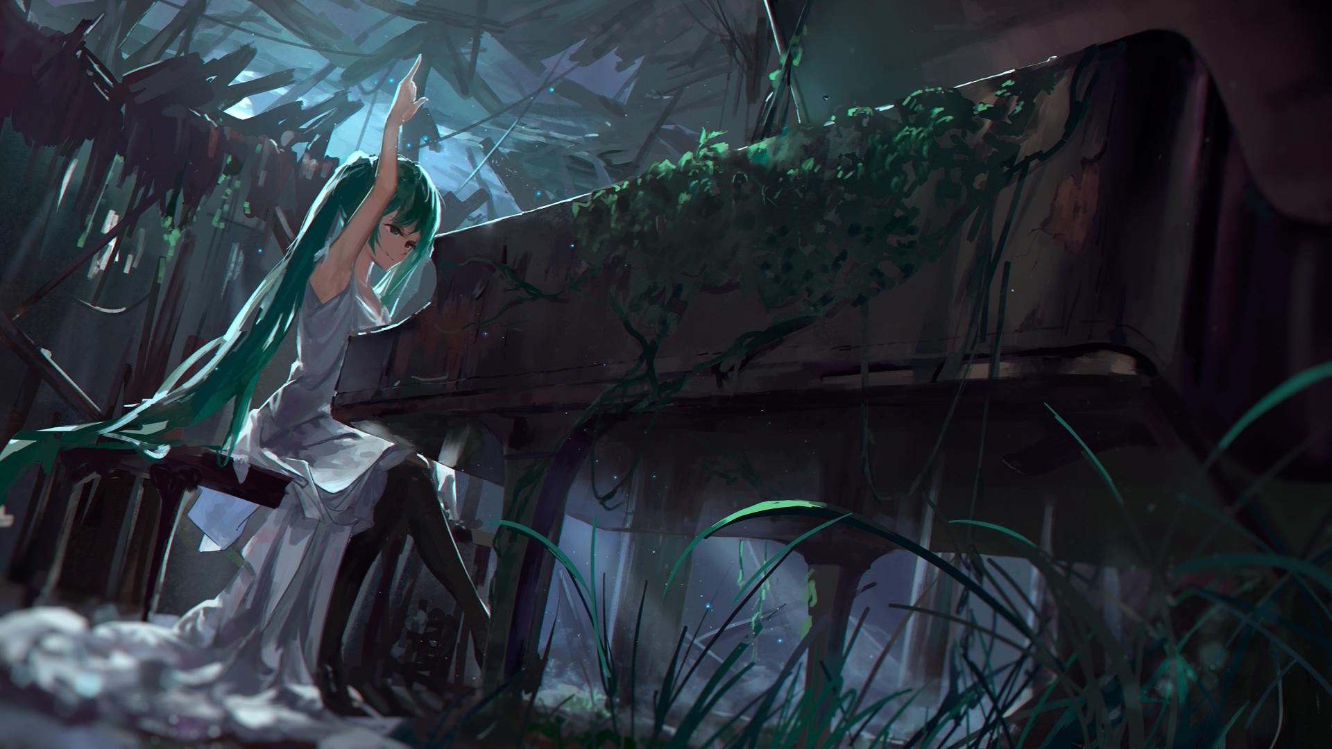 1920x1080 Download 1920x1080 Hatsune Miku, Piano, Abandoned, Instrument, Dress Wallpaper for Widescreen