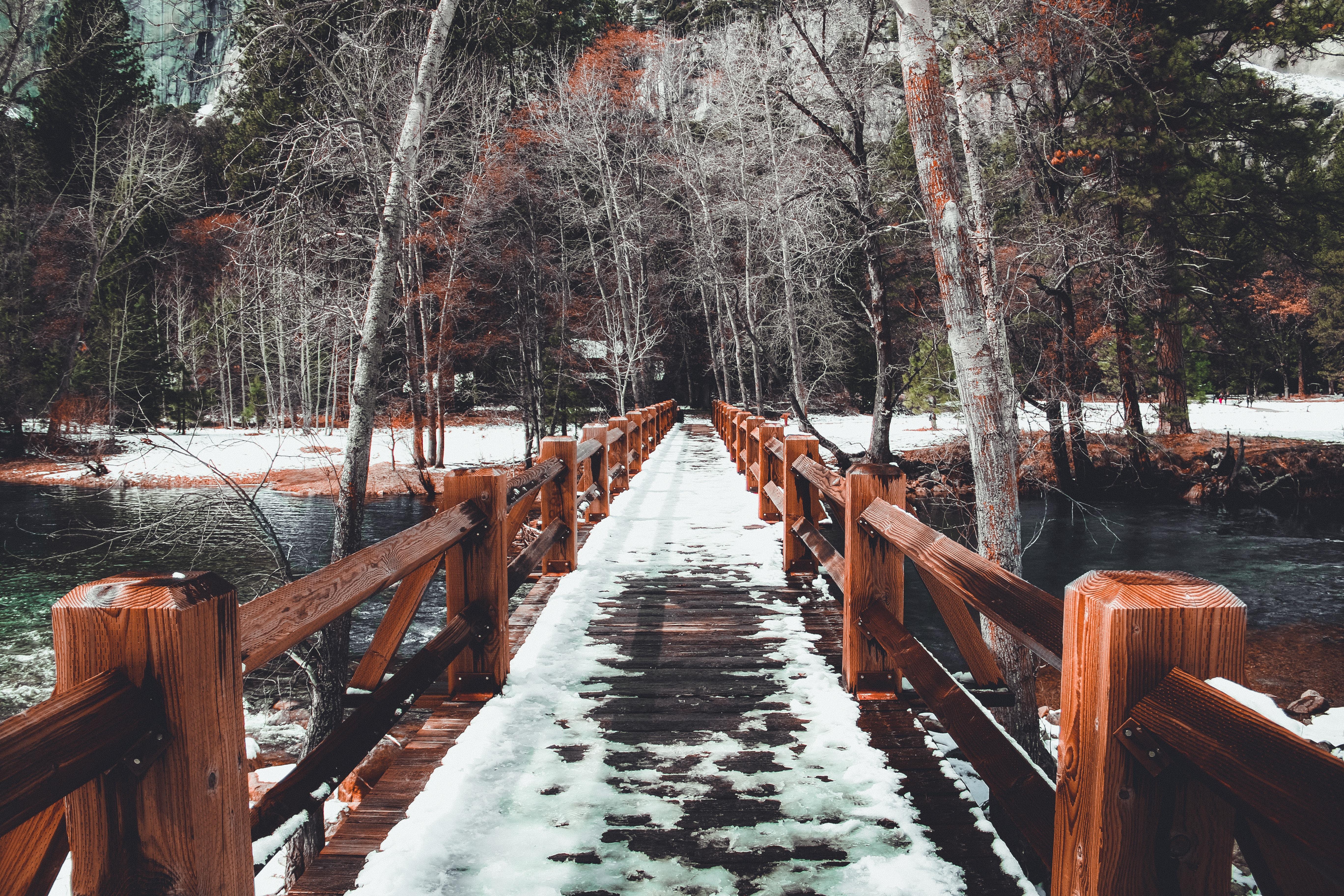 5472x3648 Download wallpaper 5472x3648 bridge, snow, winter, trees, spring HD background