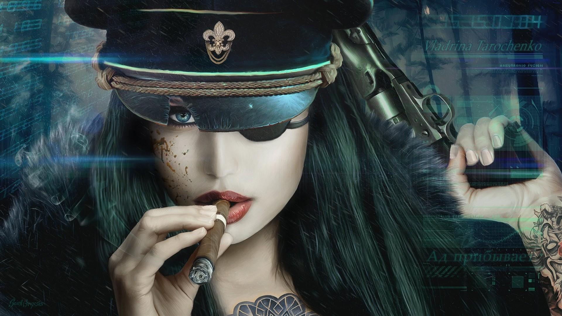 1920x1080 Pirate woman smoking a cigar HD Wallpaper