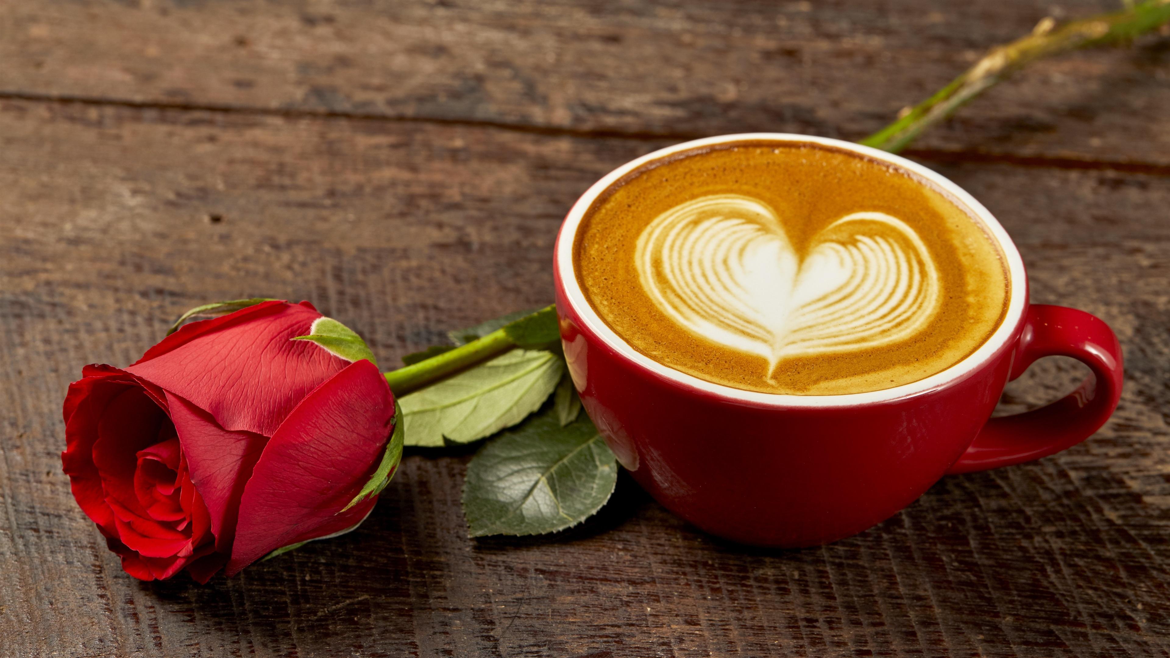 3840x2160 Red Rose Cup With Coffee Love Heart Romantic Wallpaper HD :