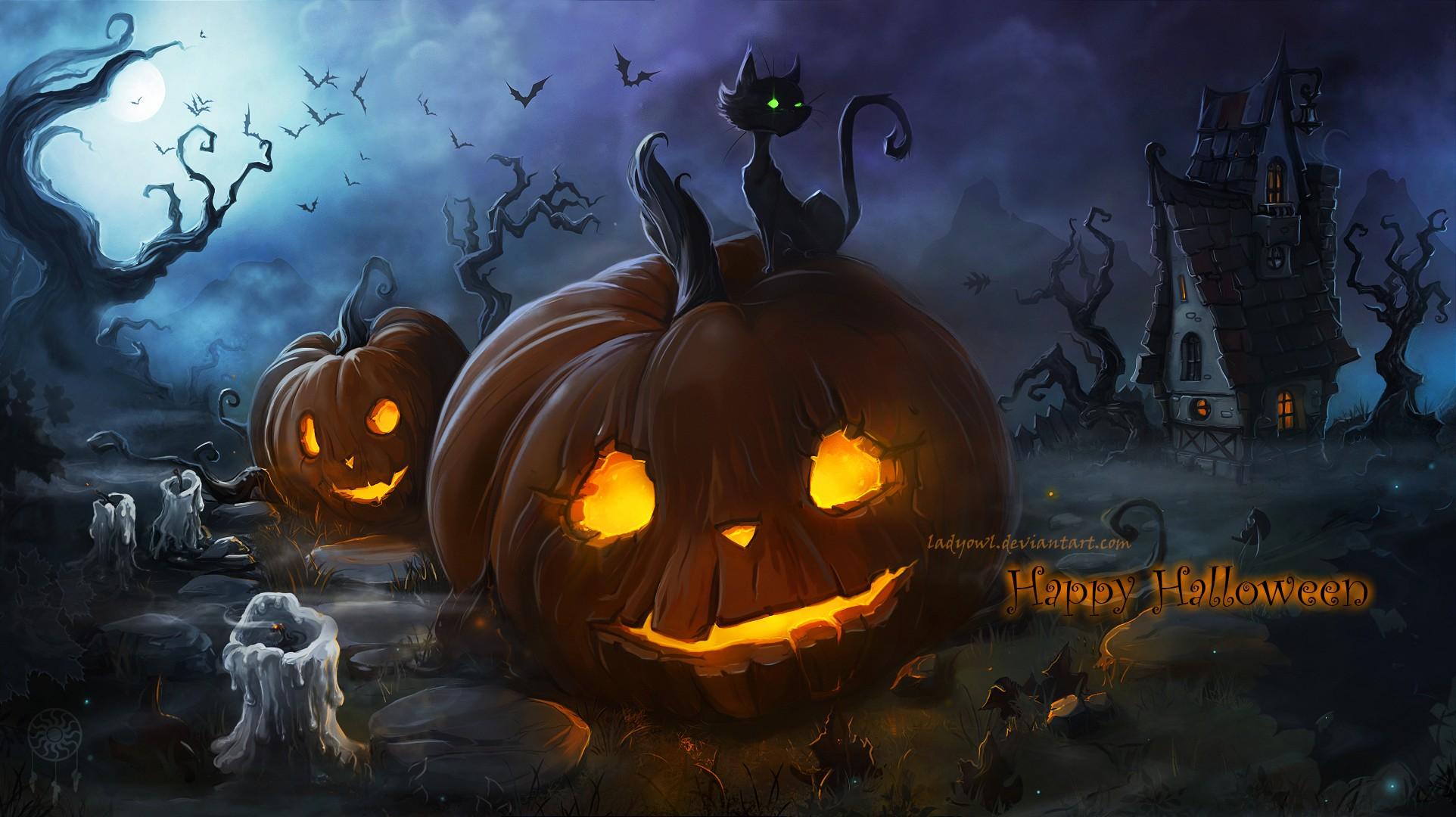 1924x1080 #cat, #Halloween, #candles, #glowing eyes, #spooky, #night, #fantasy art, #pumpkin, #Moon wallpaper. Mocah HD Wallpaper