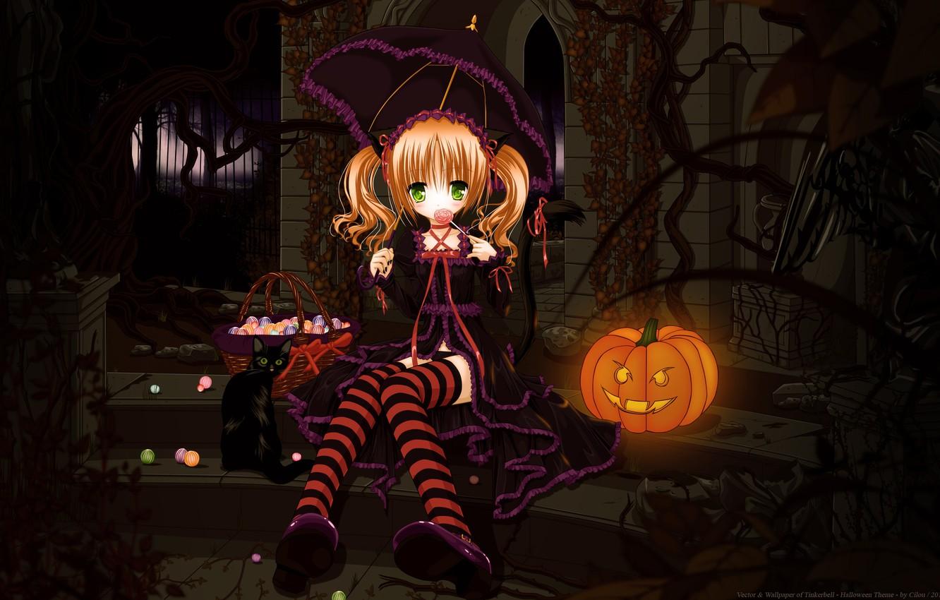 1332x850 Wallpaper cat, umbrella, umbrella, art, candy, girl, pumpkin, Lollipop, Halloween, tinkerbell image for desktop, section арт