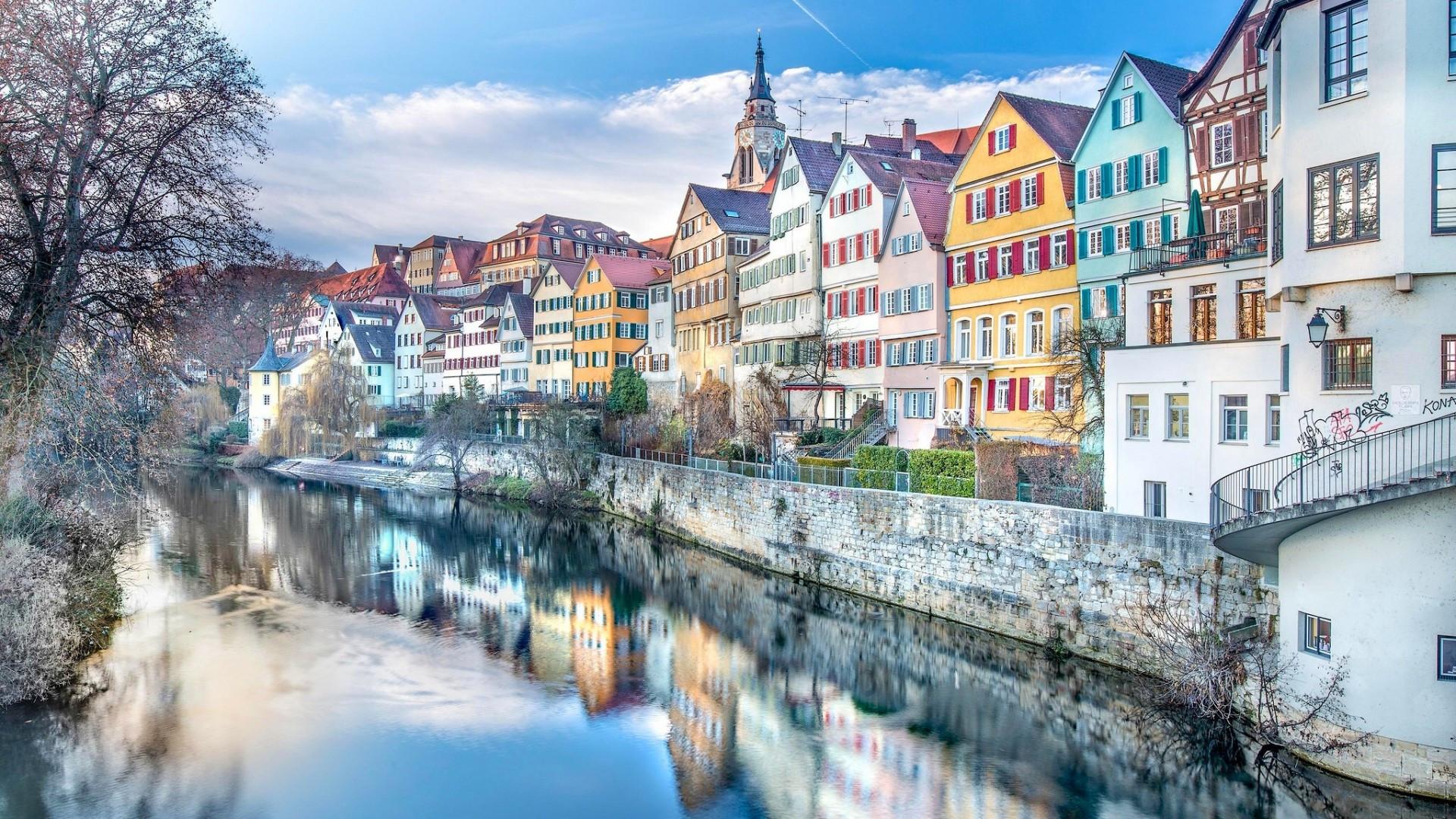 1920x1080 Download 1920x1080 Germany, Town, House, River, Clouds, Sky, Old Buildings Wallpaper for Widescreen