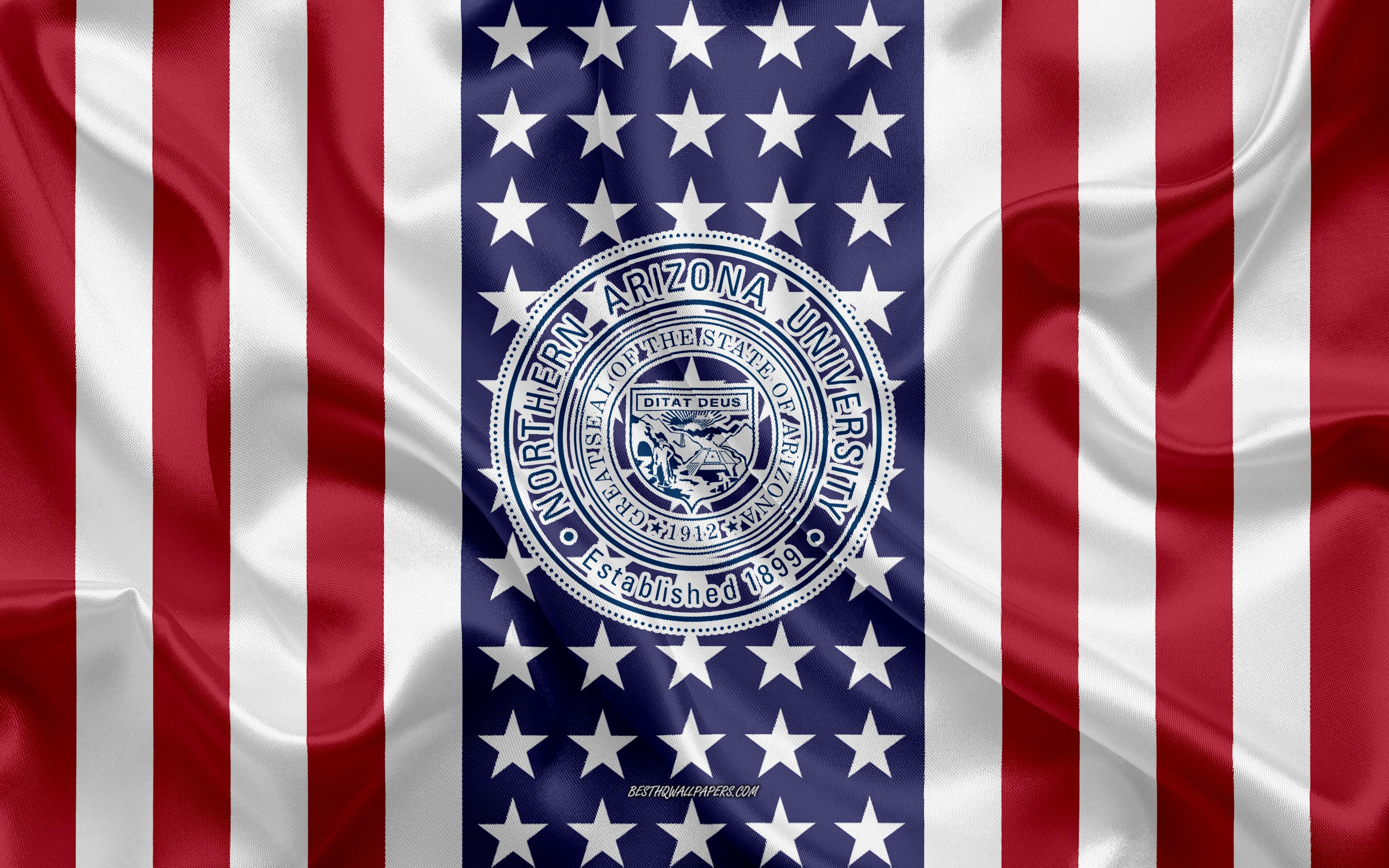 3840x2400 Download wallpaper Northern Arizona University Emblem, American Flag, Northern Arizona University logo, Flagstaff, Arizona, USA, Emblem of Northern Arizona University for desktop with resolution 3840x2400. High Quality HD picture wallpaper