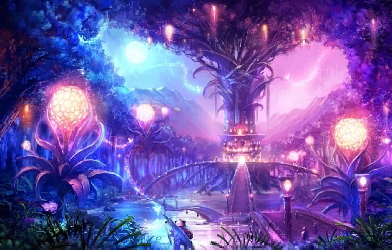 1332x850 Wallpaper landscape, night, bridge, the city, lights, tree, magic, the moon, sword, warrior, sphere, tera online image for desktop, section фантастика