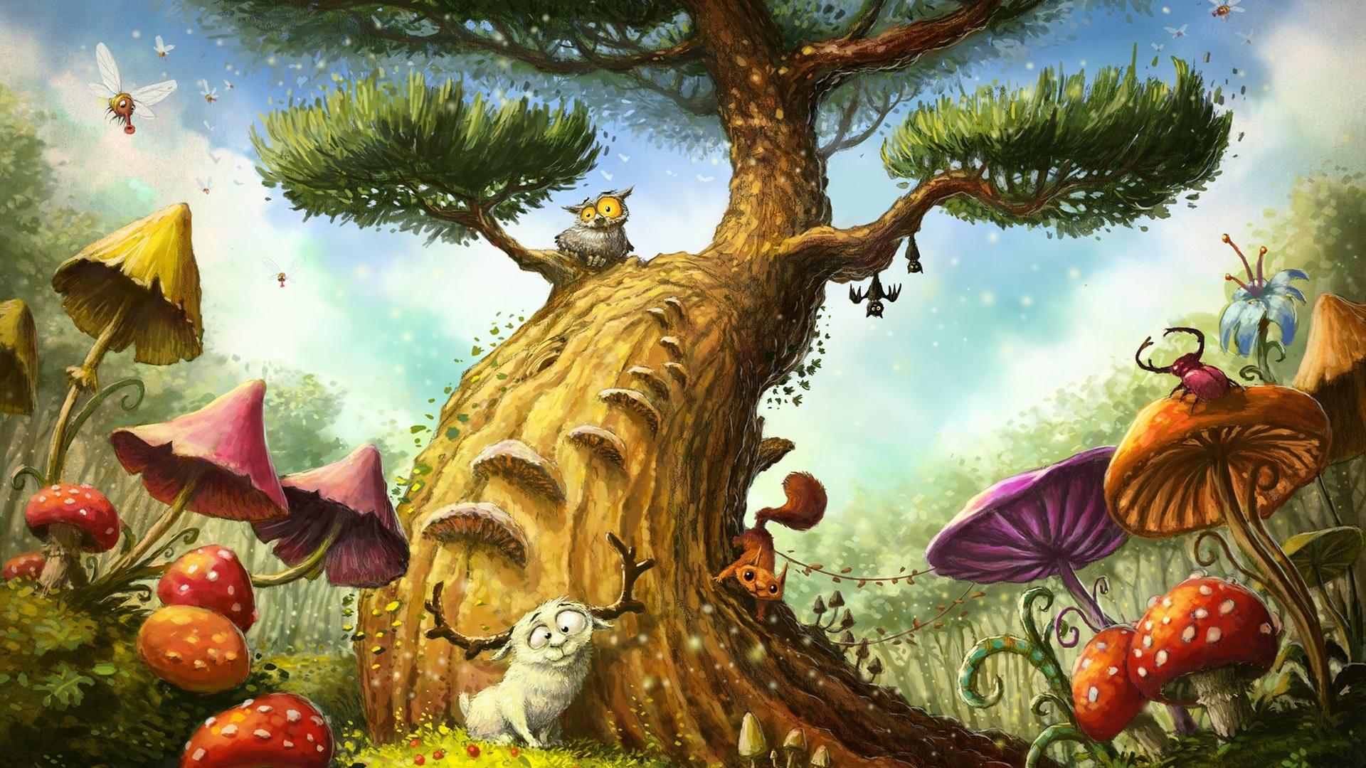 1920x1080 Wallpaper Magic tree, owl, mushroom, sheep, art painting 1920x1200 HD Picture, Image