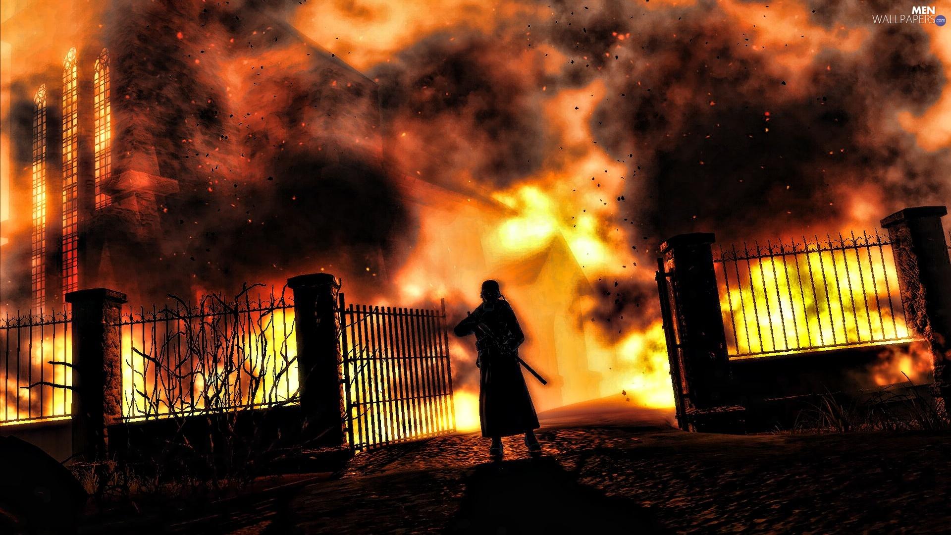 1920x1080 soldier, House, Big Fire Wallpaper: 1920x1080