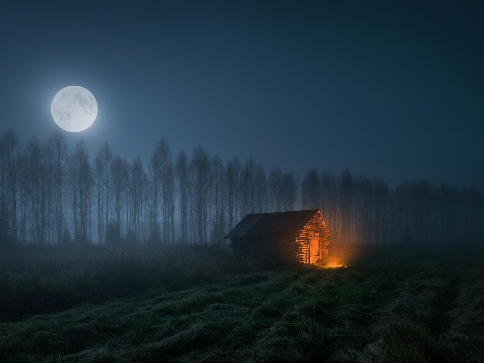 1600x1200 Wallpaper Night, trees, wood house, fire, moon 1920x1200 HD Picture, Image