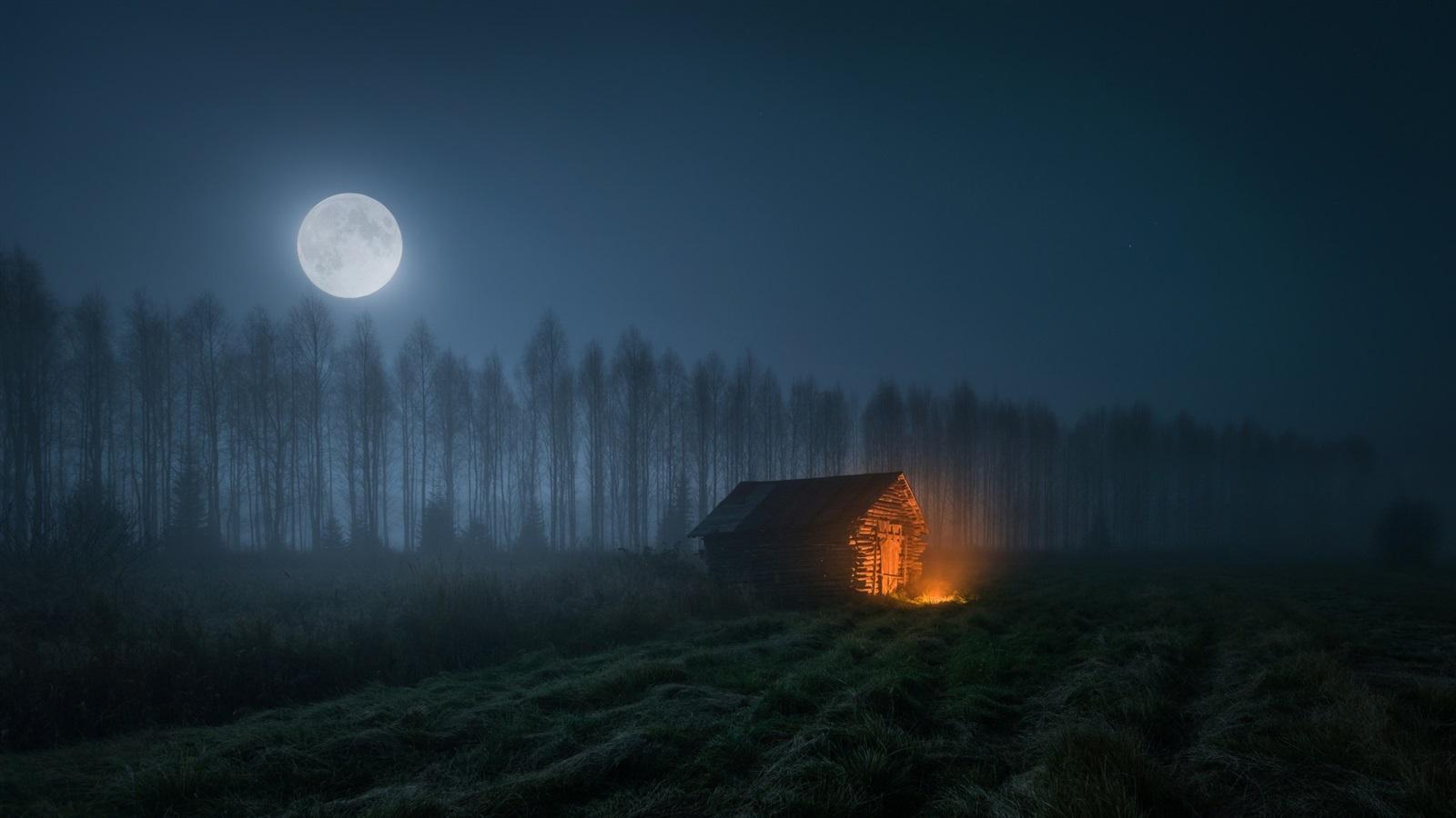 1600x900 Wallpaper Night, trees, wood house, fire, moon 1920x1200 HD Picture, Image