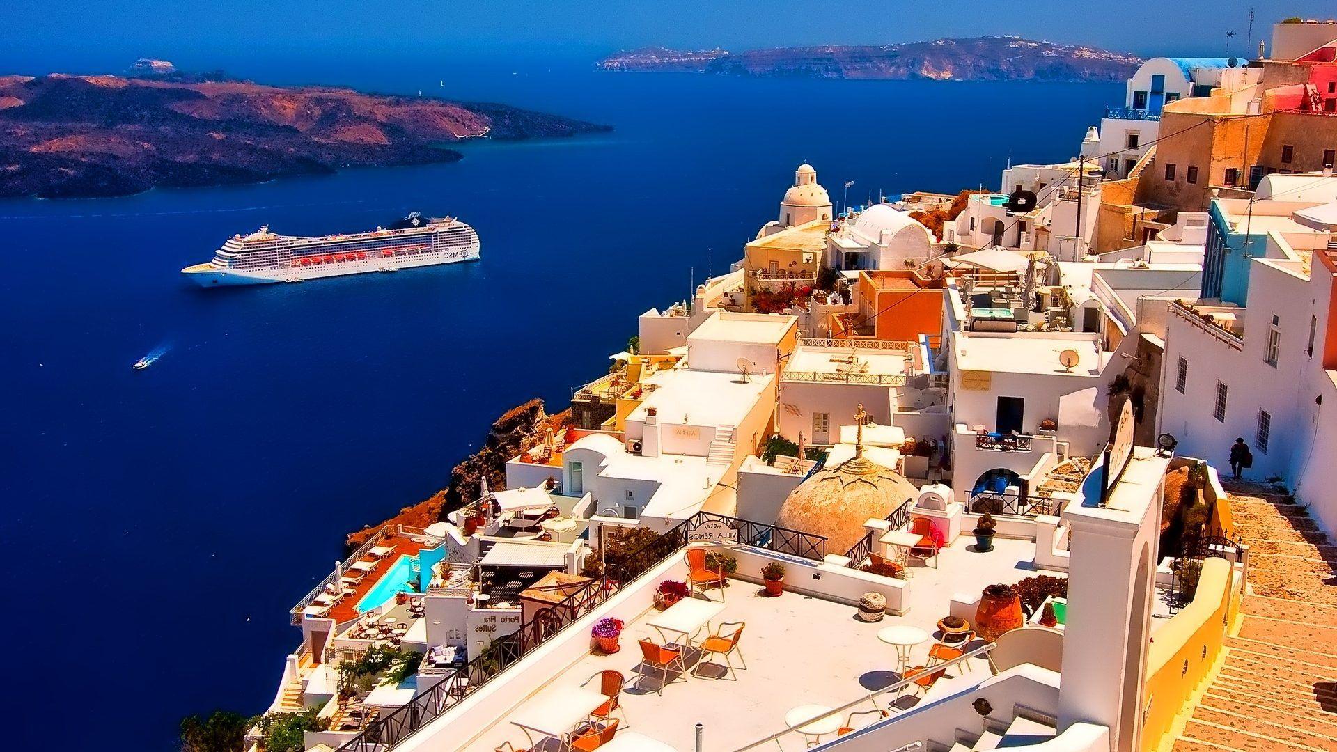 1920x1080 Houses: Santorini Blue Greece Beach Sea Dual Monitor Background