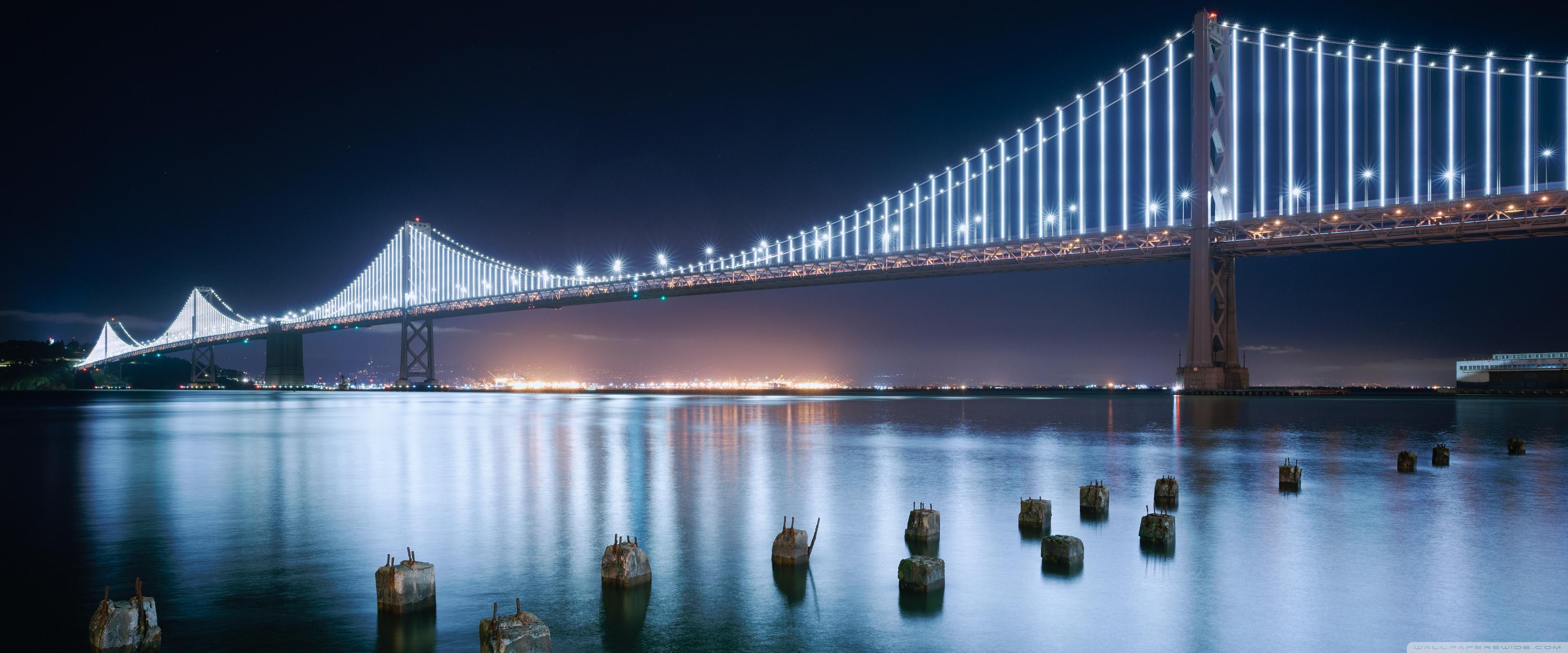 3840x1600 San Francisco Bay Bridge Western Span at night, California Ultra HD Desktop Background Wallpaper for : Widescreen & UltraWide Desktop & Laptop : Multi Display, Dual Monitor : Tablet