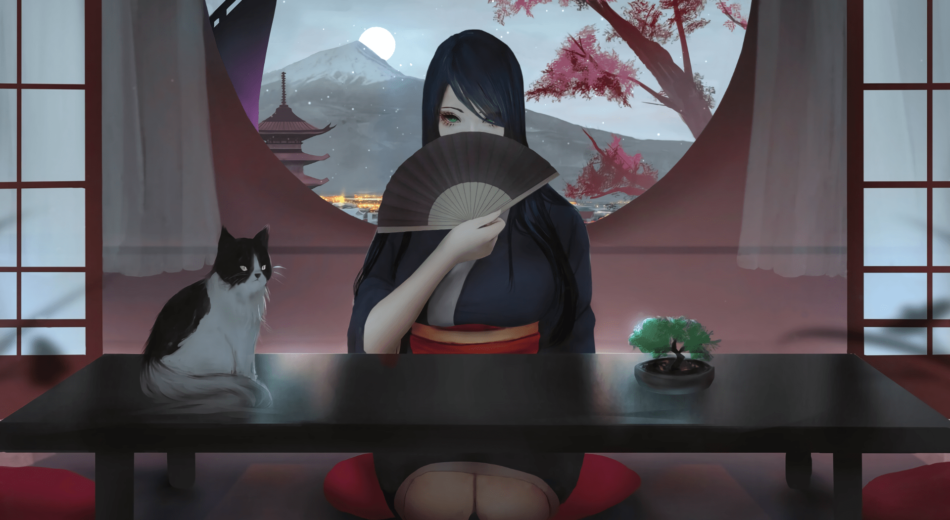 1920x1052 Mysterious girl with a fan in her hand live wallpaper [DOWNLOAD FREE]