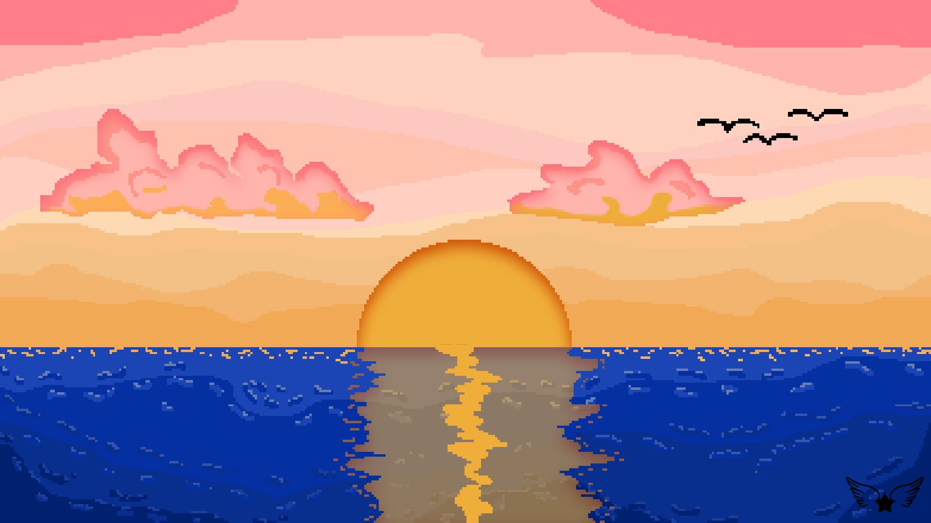 1920x1080 Pixel Art Sunset Clouds Sea Blue Pink Wallpaper:1920x1080