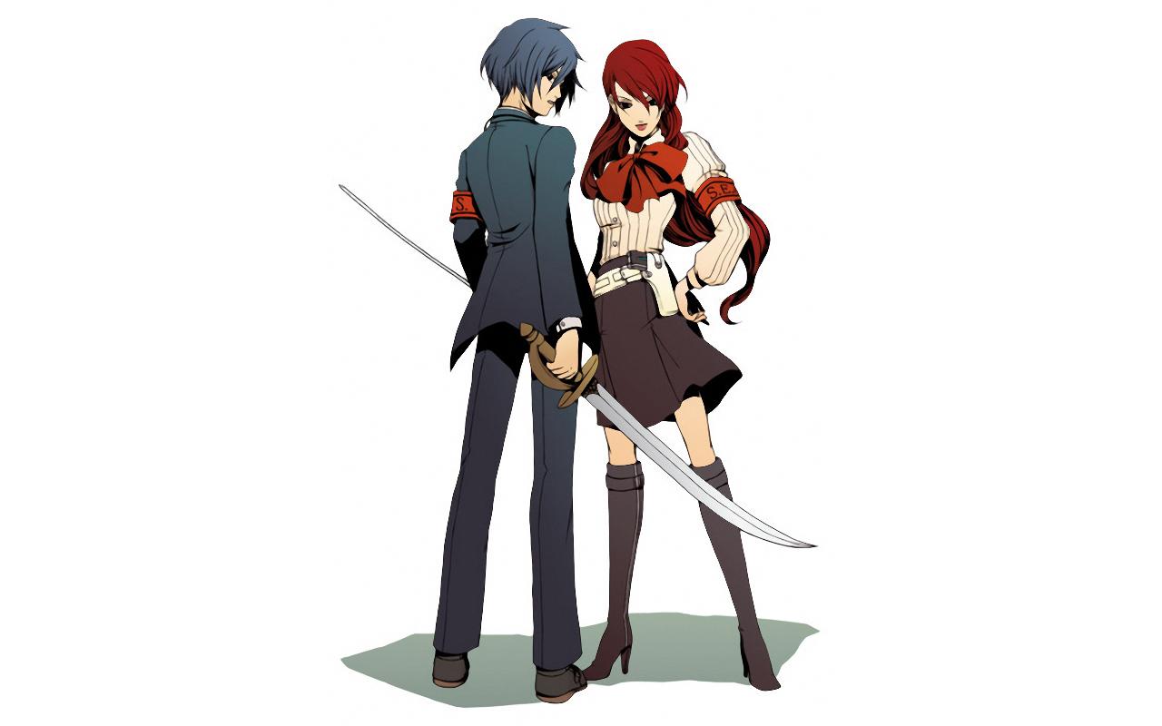 1280x800 Persona series, weapons, red eyes, Persona simple background, Arisato Minato, swords, white background, Kirijo Mitsuru wallpaper