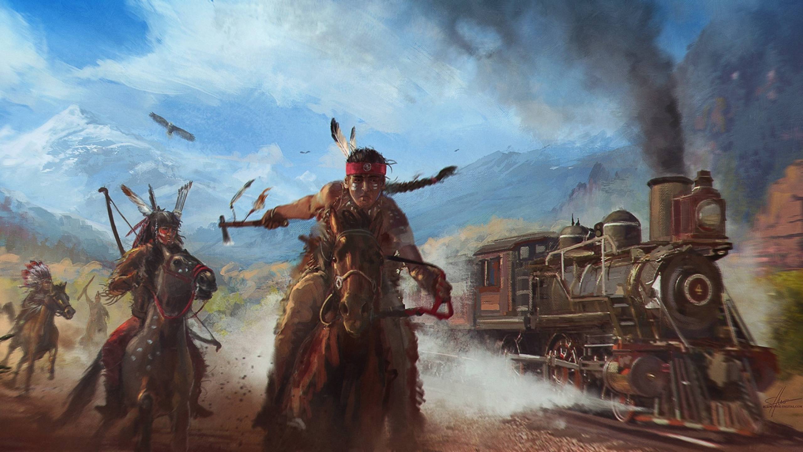 2560x1440 Native American Train Chasing Art 1440P Resolution Wallpaper, HD Artist 4K Wallpaper, Image, Photo and Background