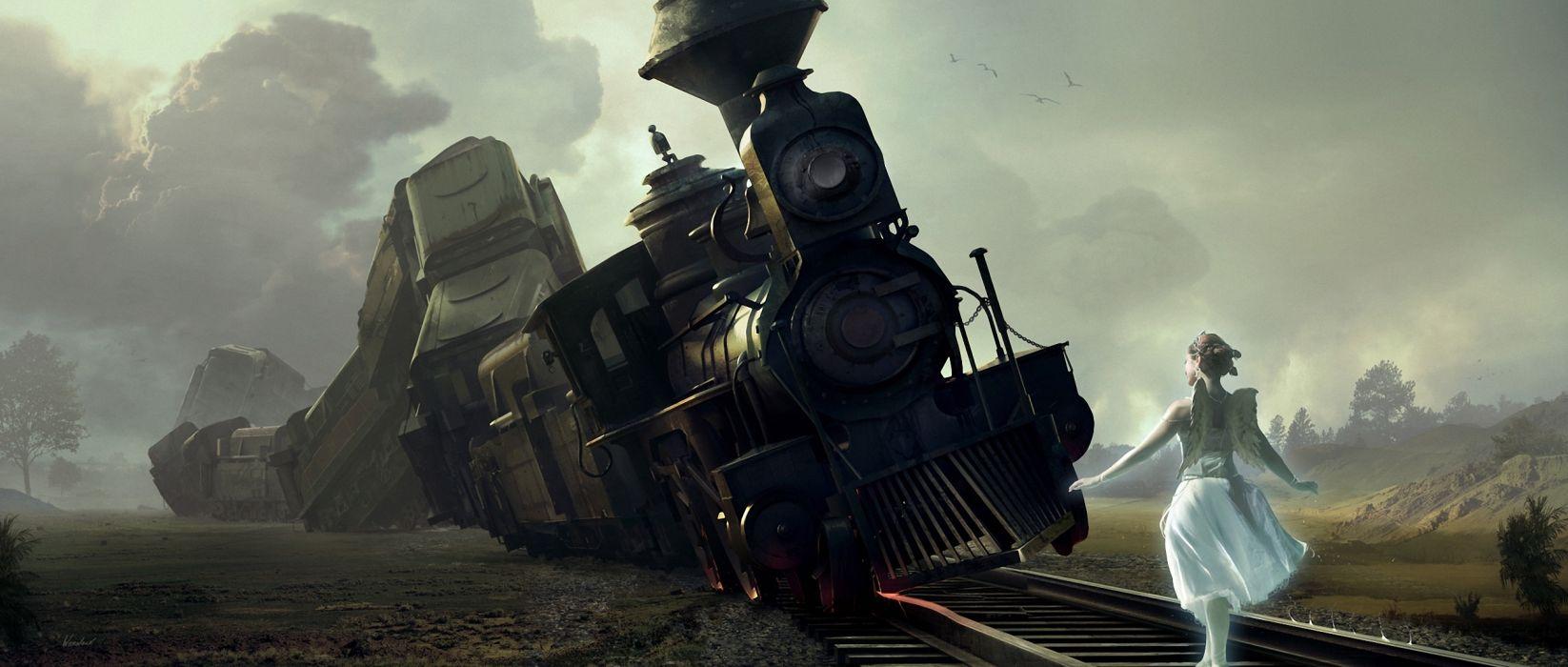 1646x700 Art train railroad girl wings crash fantasy fairy angel locomotive wallpaperx1080