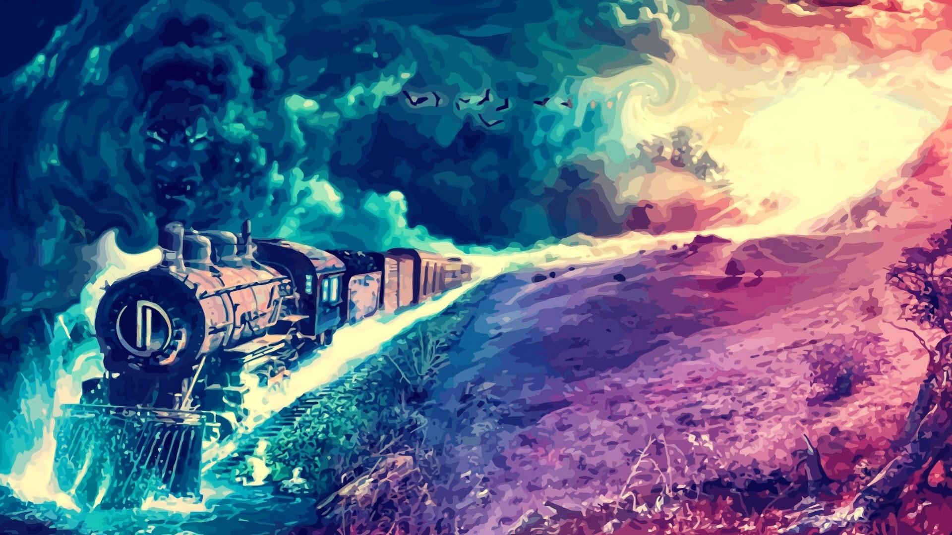 1920x1080 #painting, #digital art, #steam locomotive, #fantasy art, #artwork, #colorful, #landscape, #train, wallpaper. Mocah HD Wallpaper
