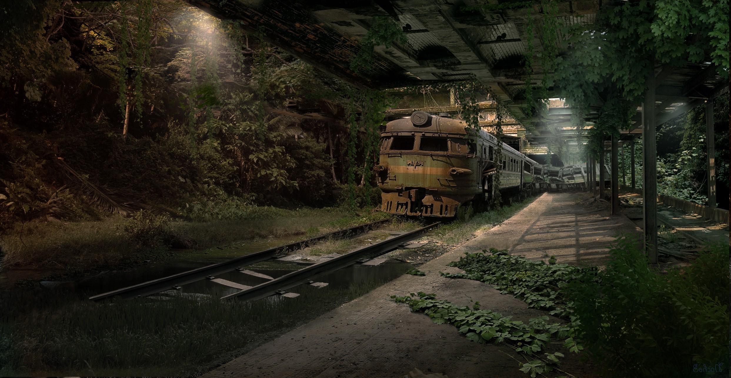 2486x1285 digital art subways train railway abandoned wallpaper
