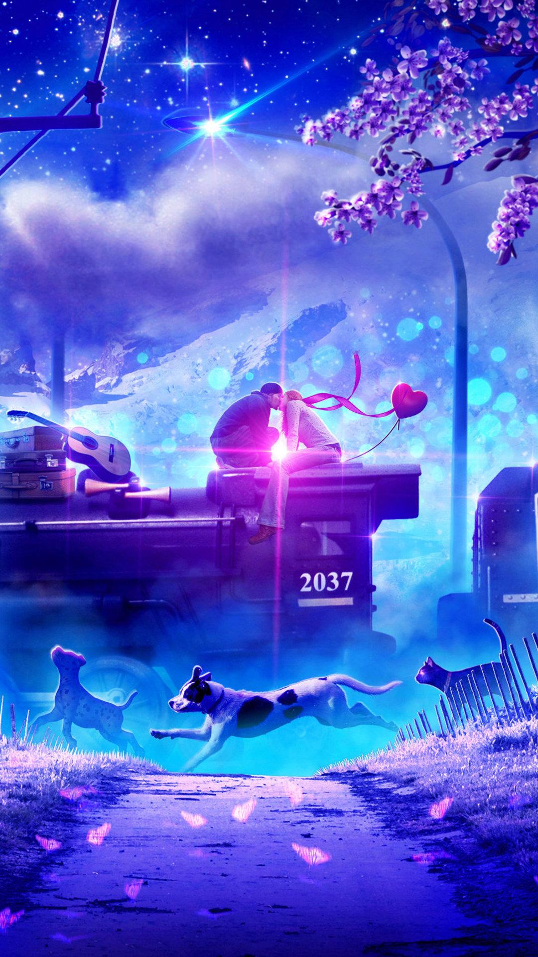1080x1920 1080x1920 love, train, dreamy, dogs, artist, artwork, digital art, hd, for iPhone 8 wallpaper
