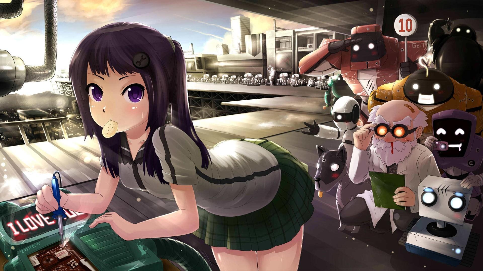 1920x1080 #anime girls, #machine, #robot, #anime, #school uniform, wallpaper HD Wallpaper