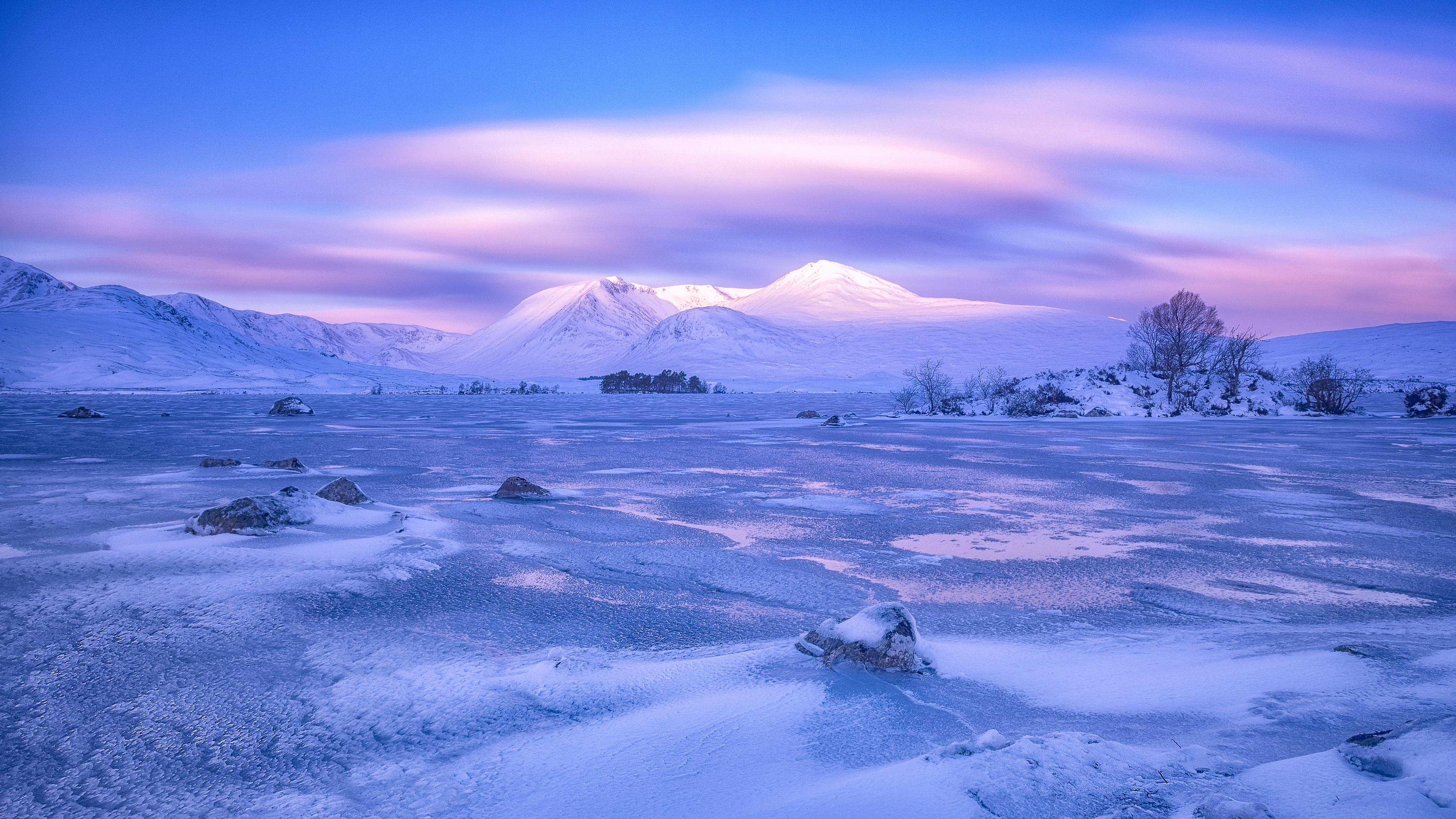 3840x2160 Wallpaper 4k mountains, winter, sky, pink, snow, blue, loch lomond, rannoch moor, scotland 4k Wallpaper