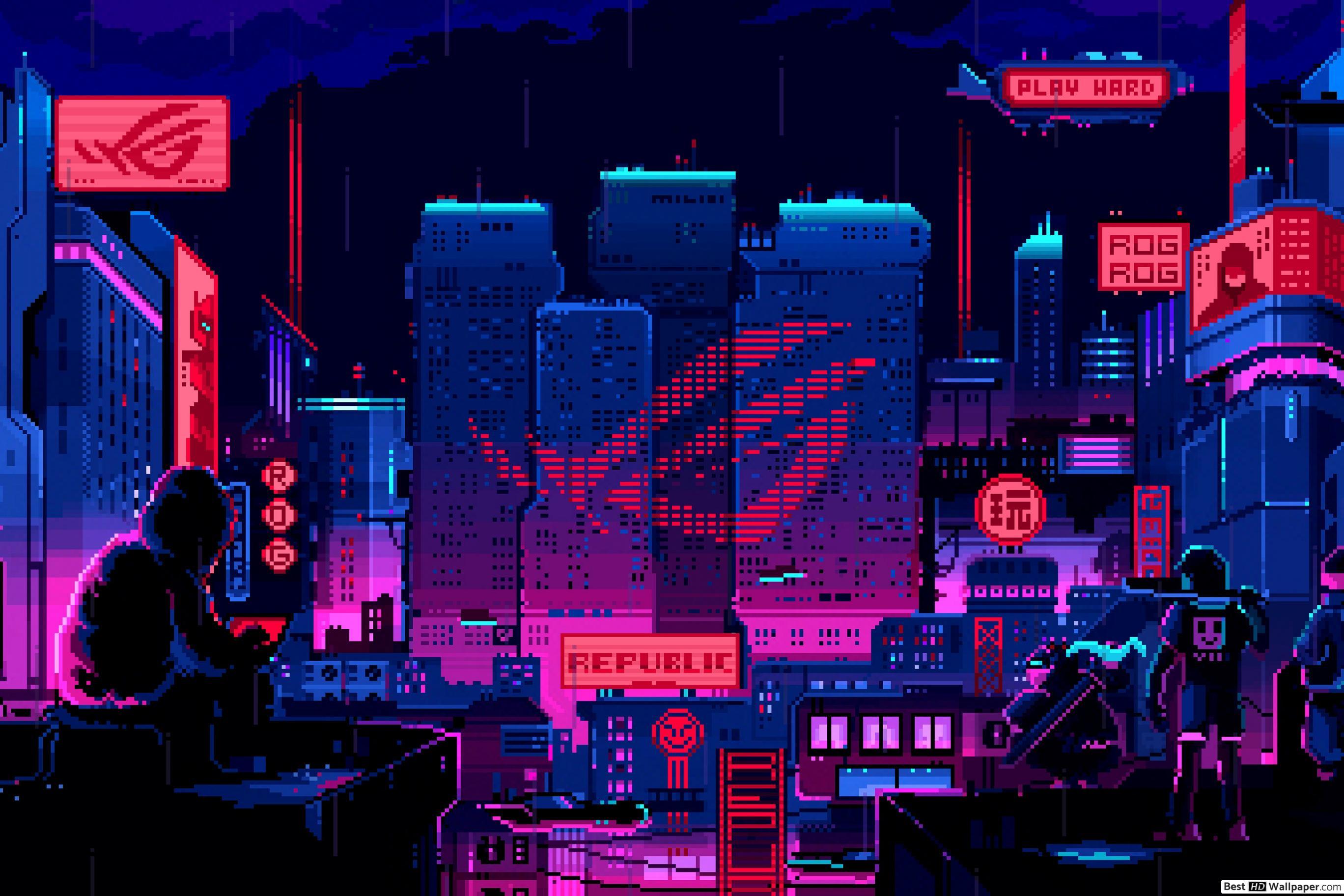 2736x1824 Asus ROG (Republic Of Gamers) : 8 Bit Pixel City HD Wallpaper Download