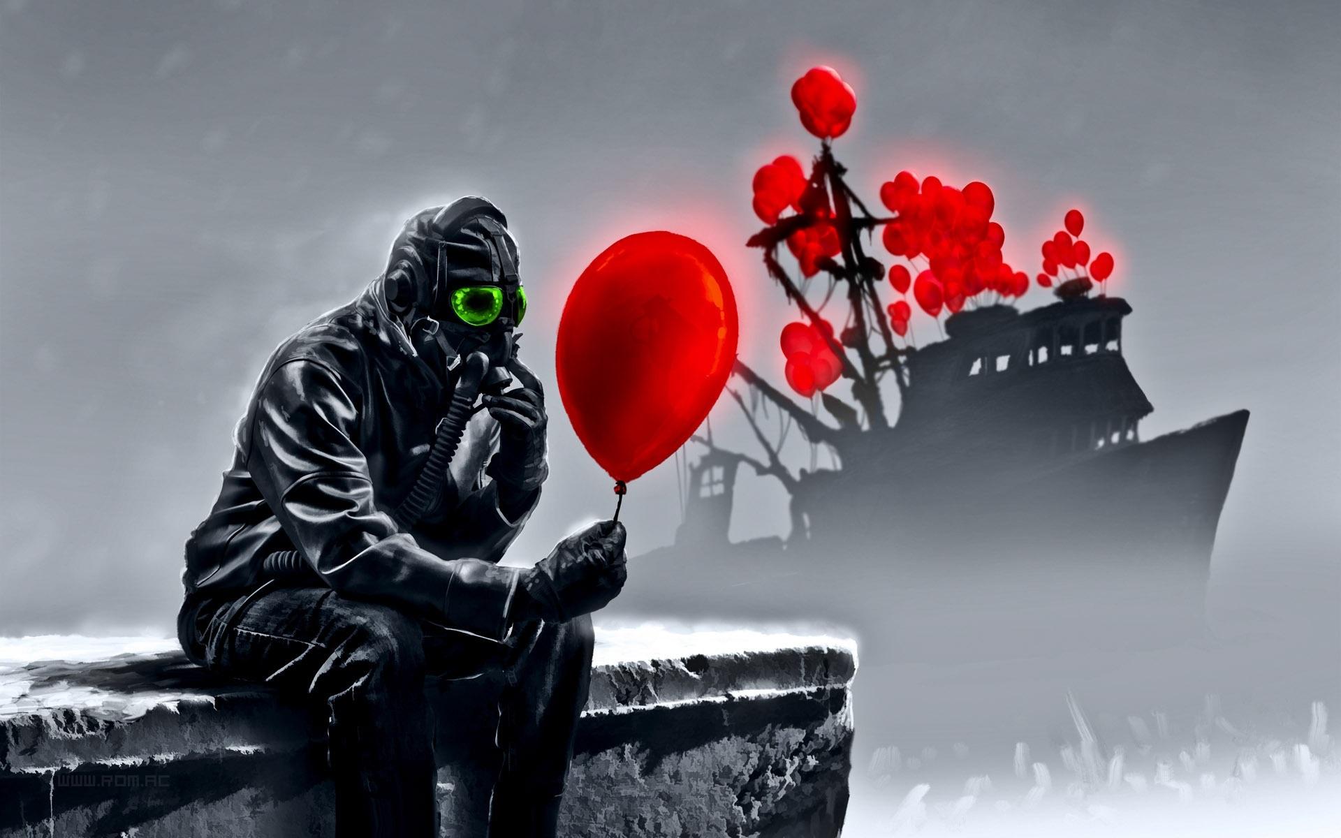 1920x1200 Wallpaper Art drawing, mask, ship, red balloon 1920x1200 HD Picture, Image